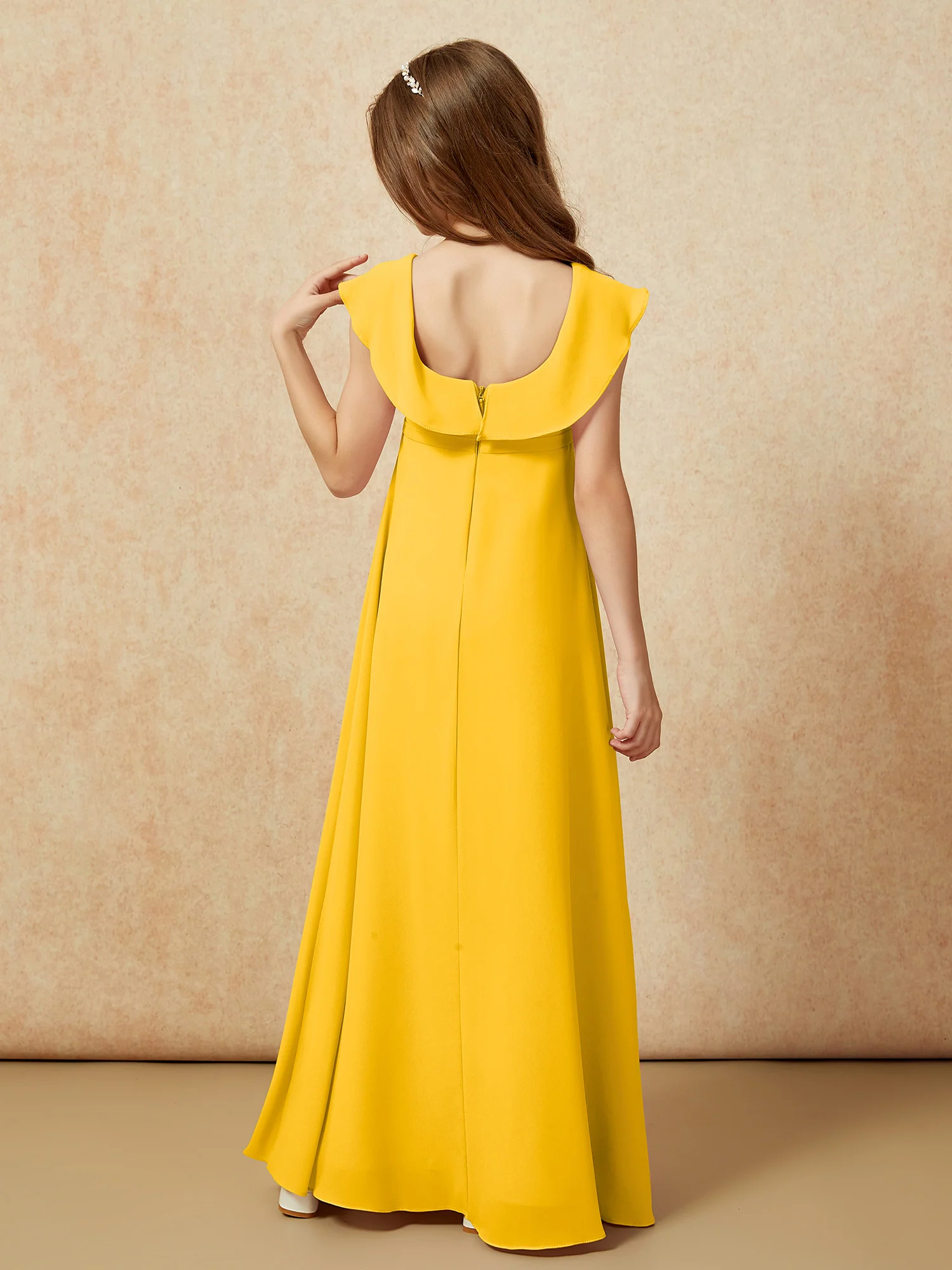 Square Neck Chiffon Junior Bridesmaid Dress With Slit Marigold - Image 2
