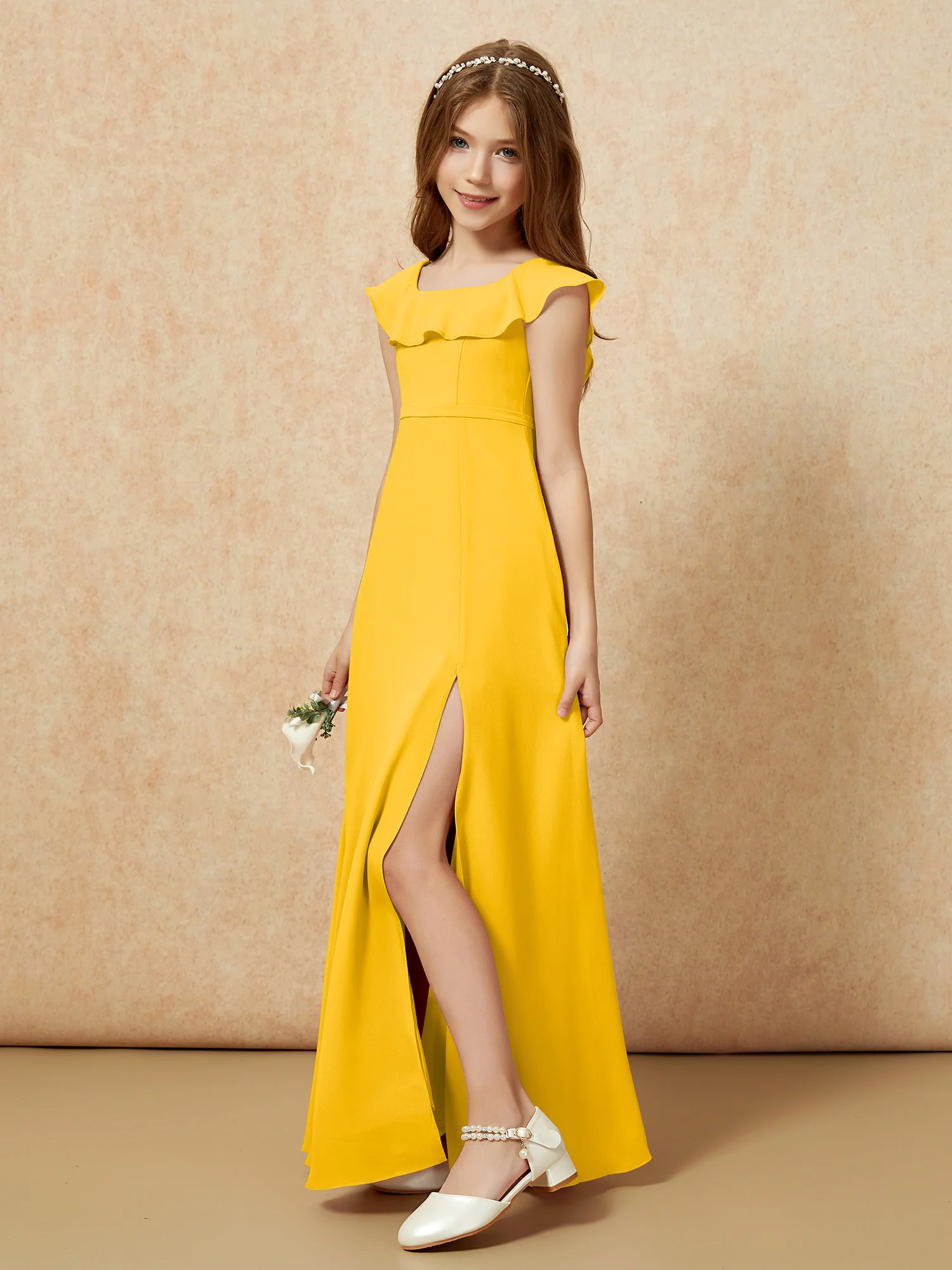 Square Neck Chiffon Junior Bridesmaid Dress With Slit Marigold - Image 3