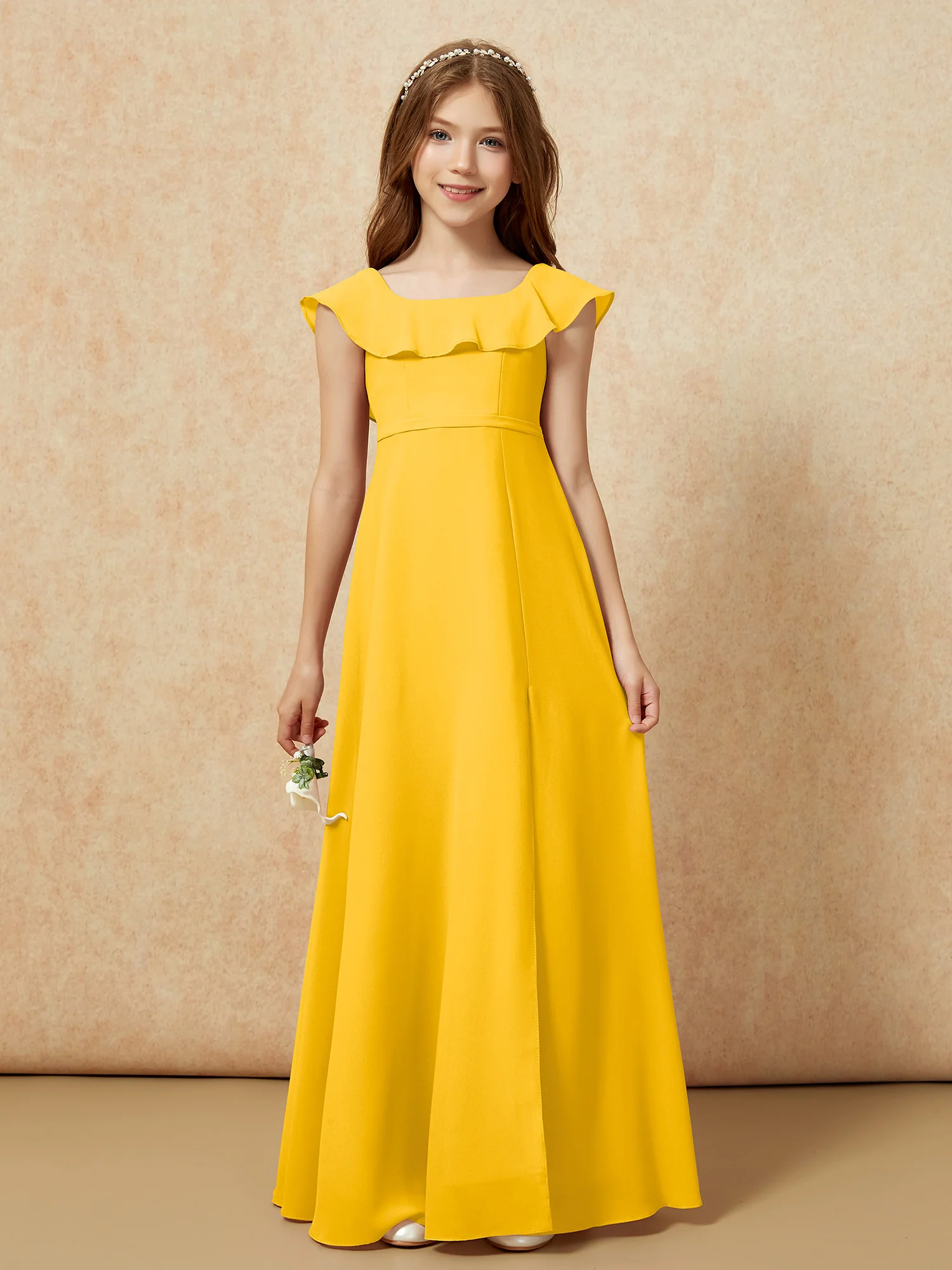 Square Neck Chiffon Junior Bridesmaid Dress With Slit Marigold - Image 4