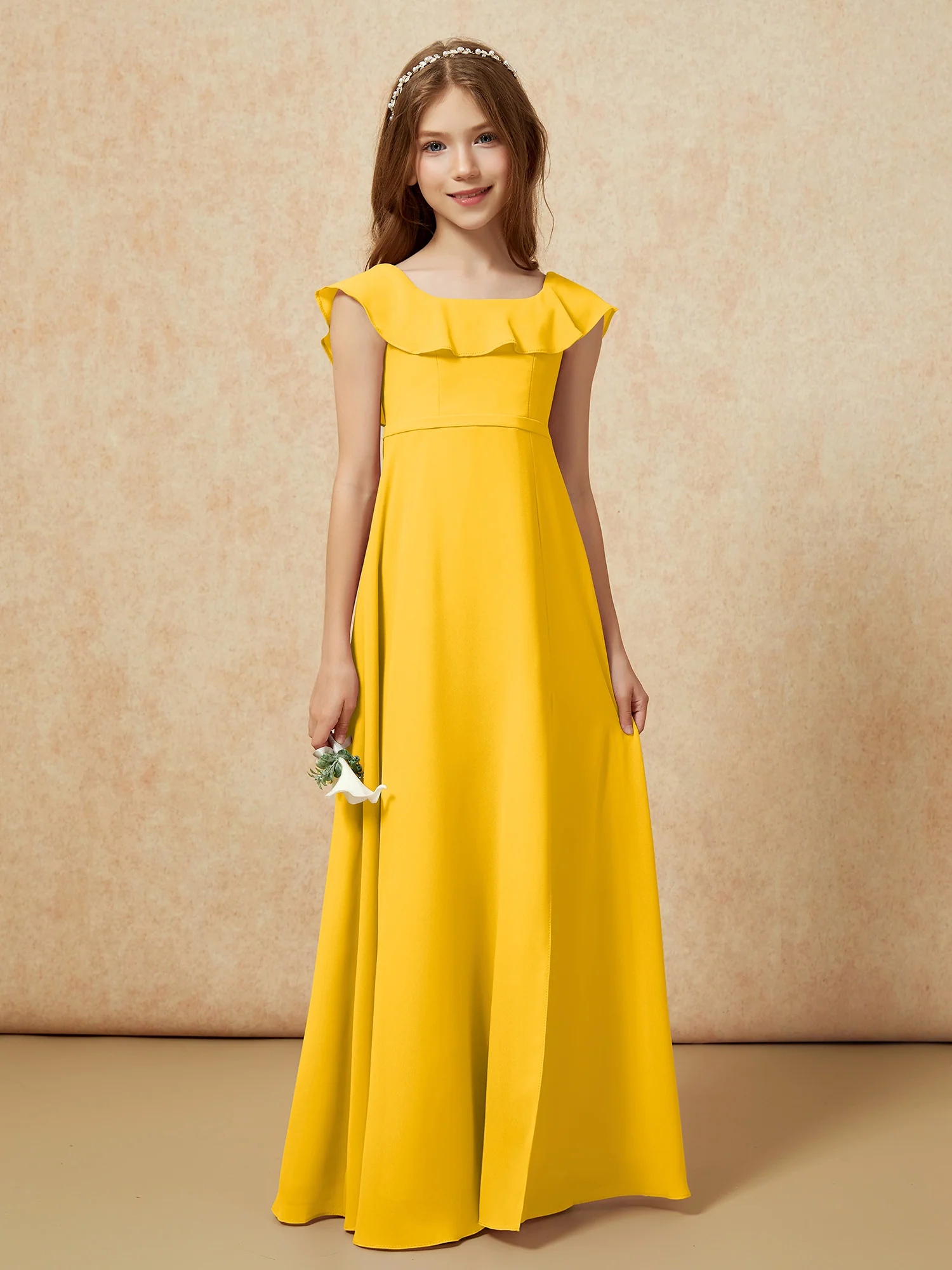 Square Neck Chiffon Junior Bridesmaid Dress With Slit Marigold - Image 5