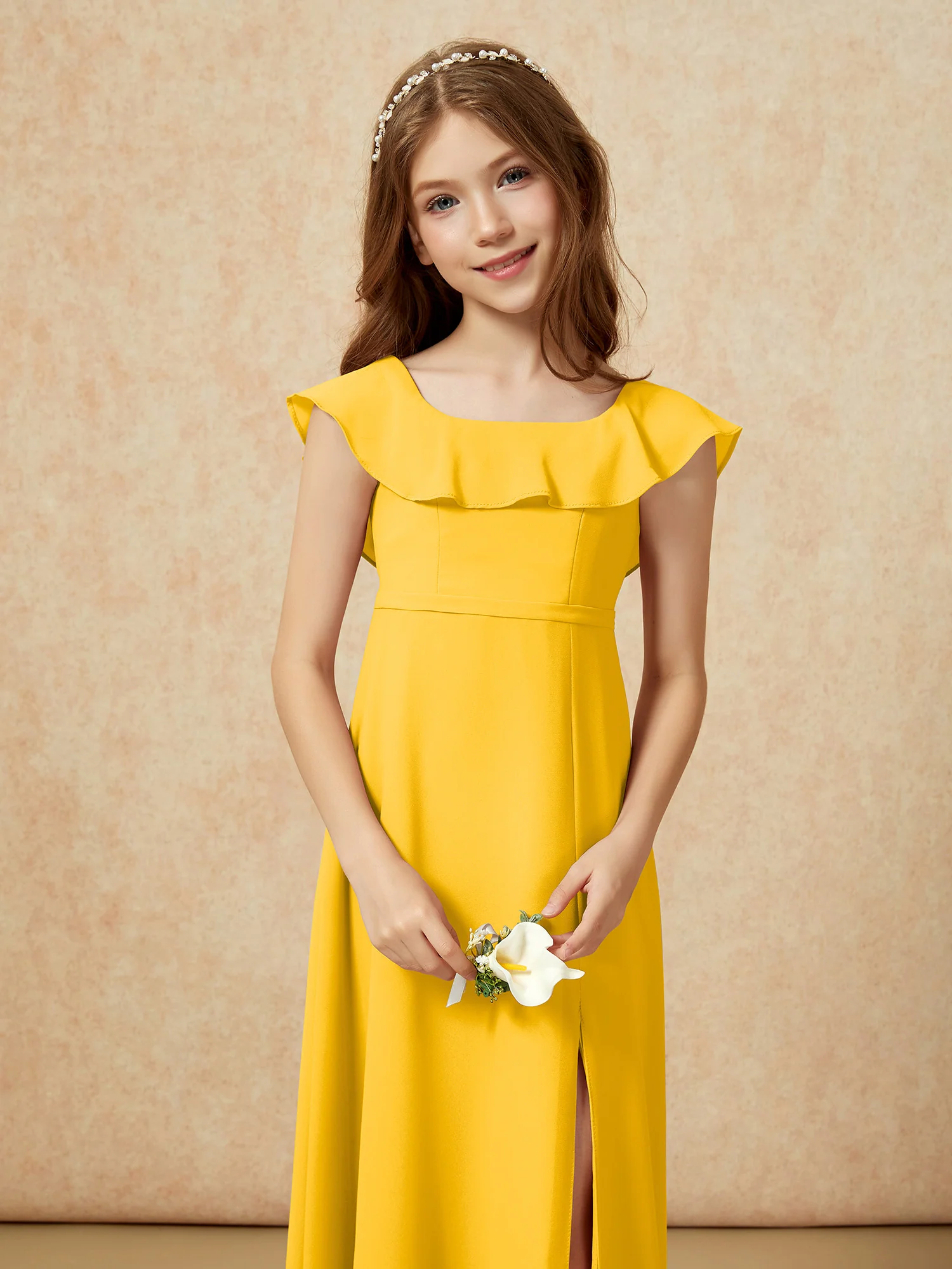 Square Neck Chiffon Junior Bridesmaid Dress With Slit Marigold - Image 6