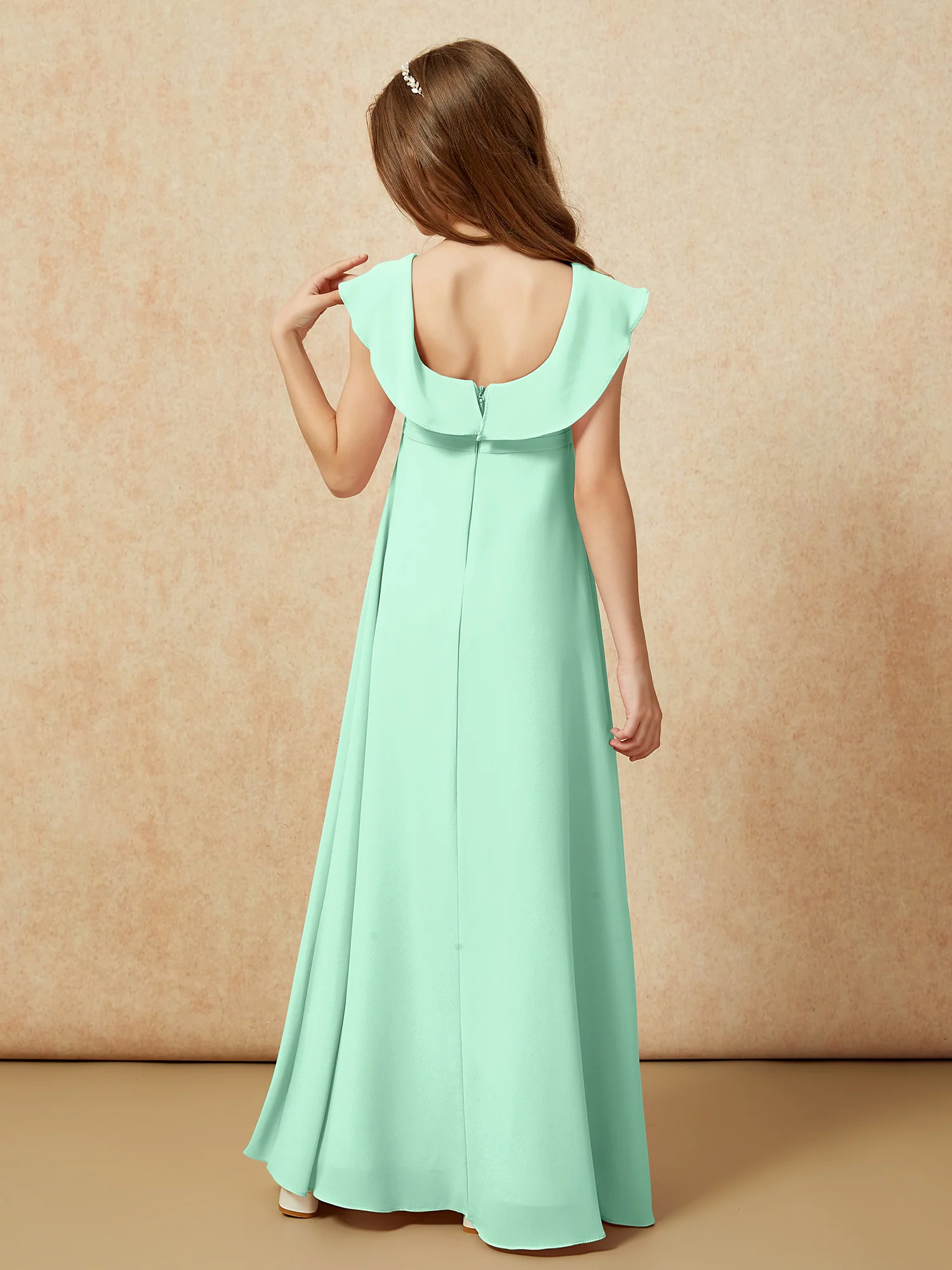 Square Neck Chiffon Junior Bridesmaid Dress With Slit Mint Green - Image 2