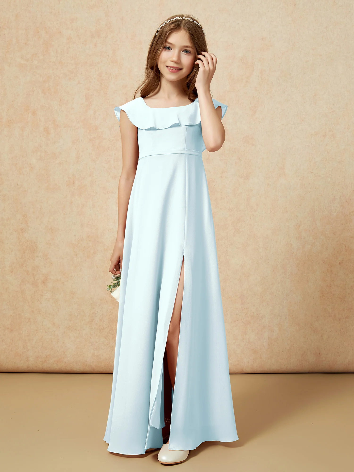 Square Neck Chiffon Junior Bridesmaid Dress With Slit Mist