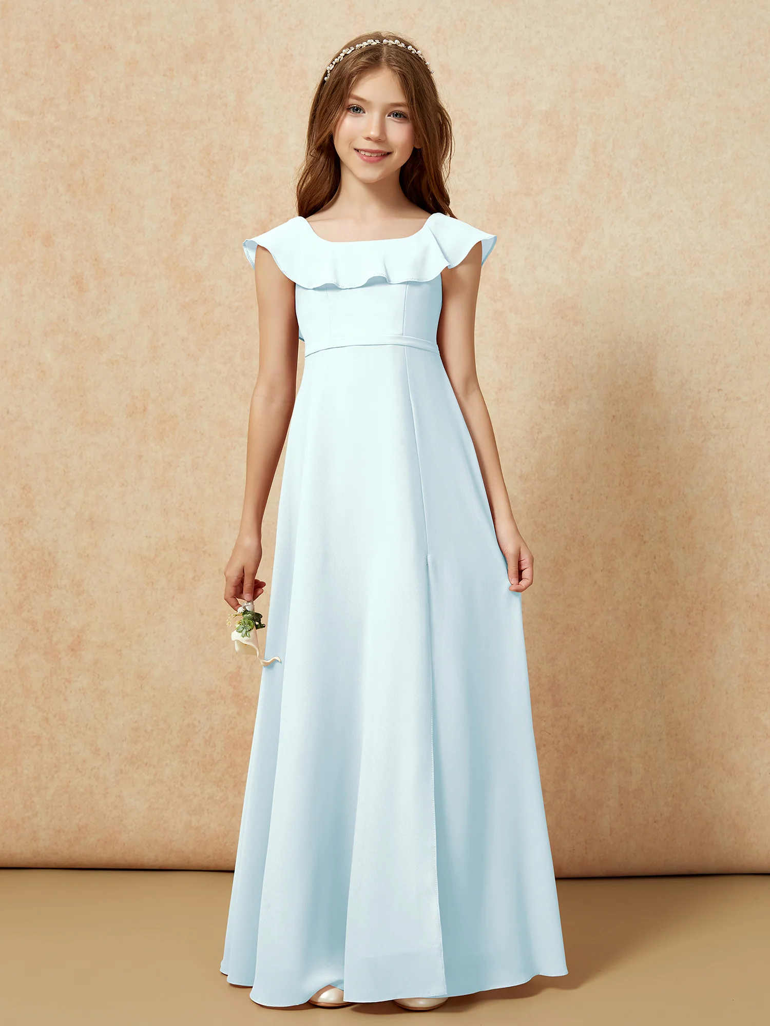 Square Neck Chiffon Junior Bridesmaid Dress With Slit Mist - Image 4