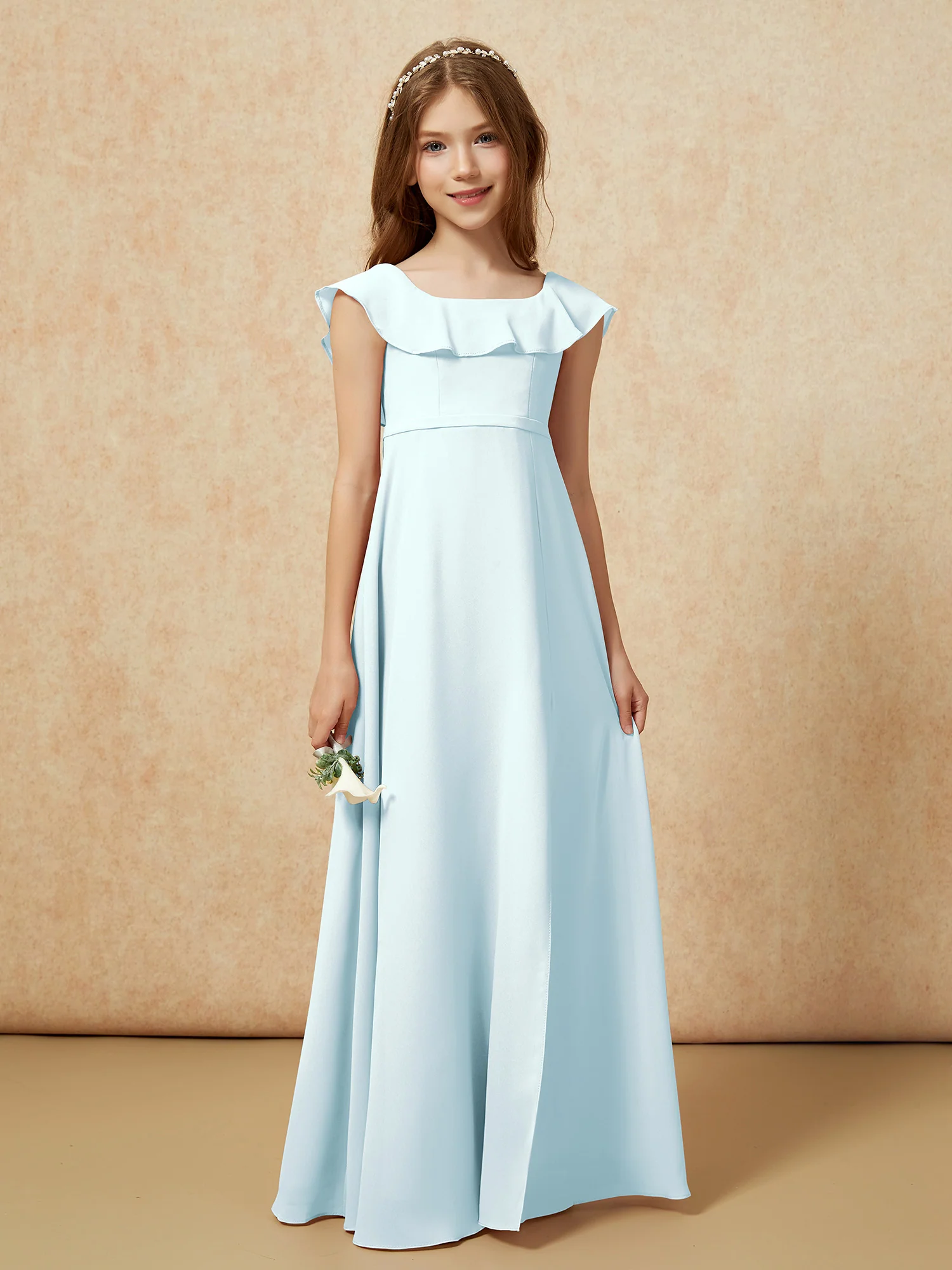 Square Neck Chiffon Junior Bridesmaid Dress With Slit Mist - Image 5