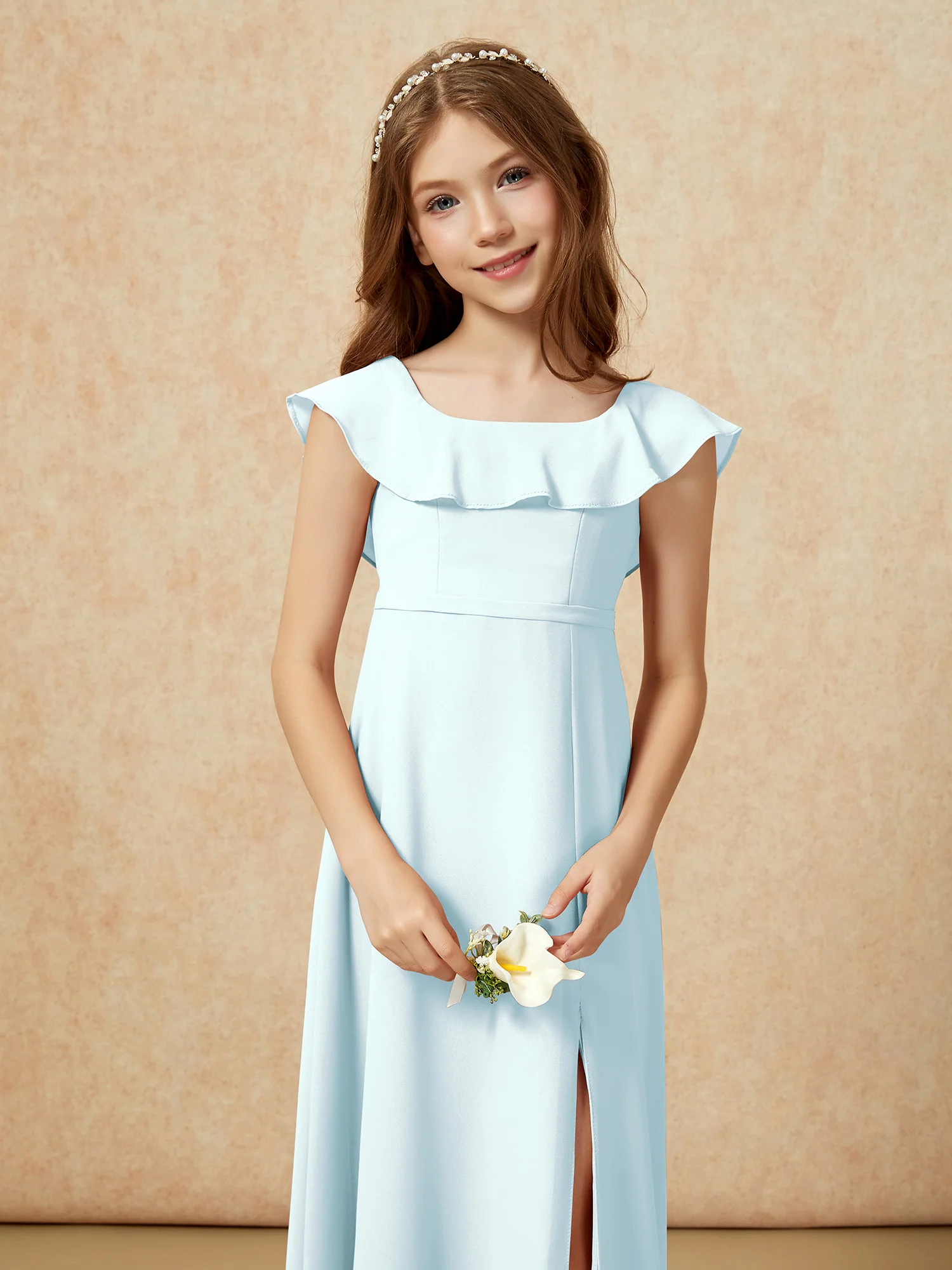 Square Neck Chiffon Junior Bridesmaid Dress With Slit Mist - Image 6