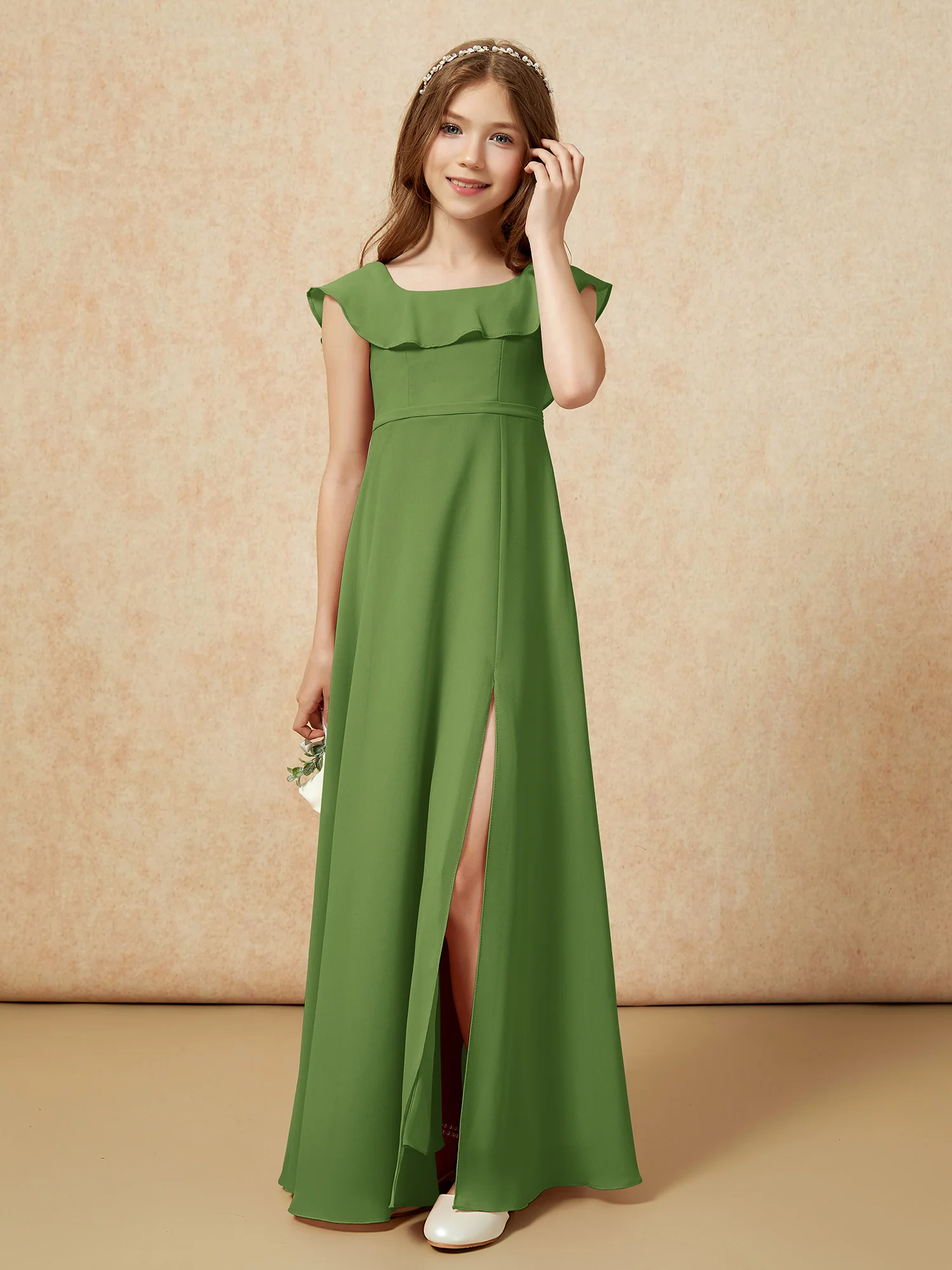 Square Neck Chiffon Junior Bridesmaid Dress With Slit Moss