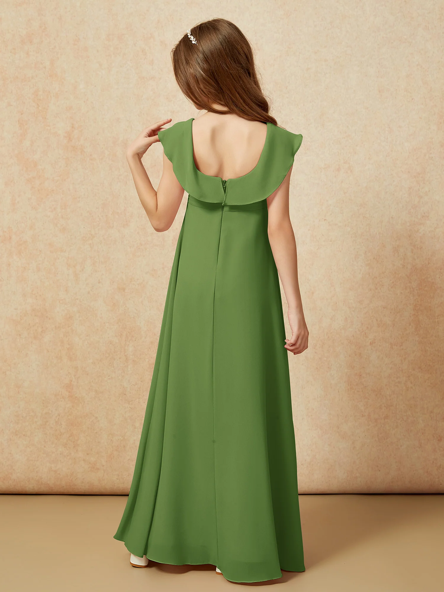 Square Neck Chiffon Junior Bridesmaid Dress With Slit Moss - Image 2