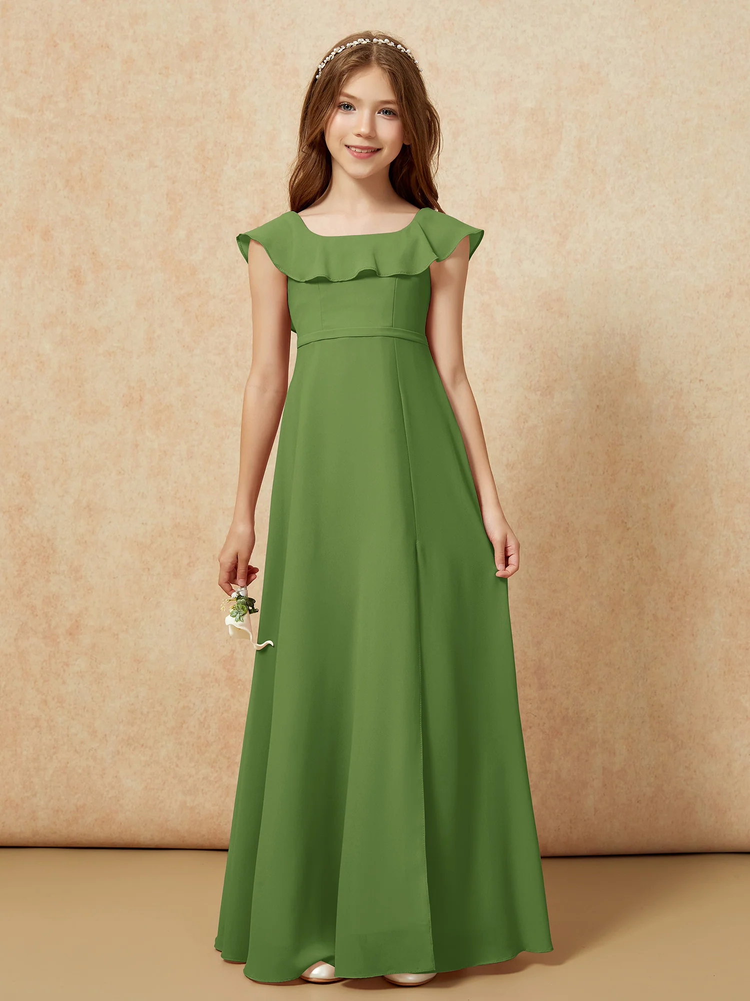 Square Neck Chiffon Junior Bridesmaid Dress With Slit Moss - Image 4