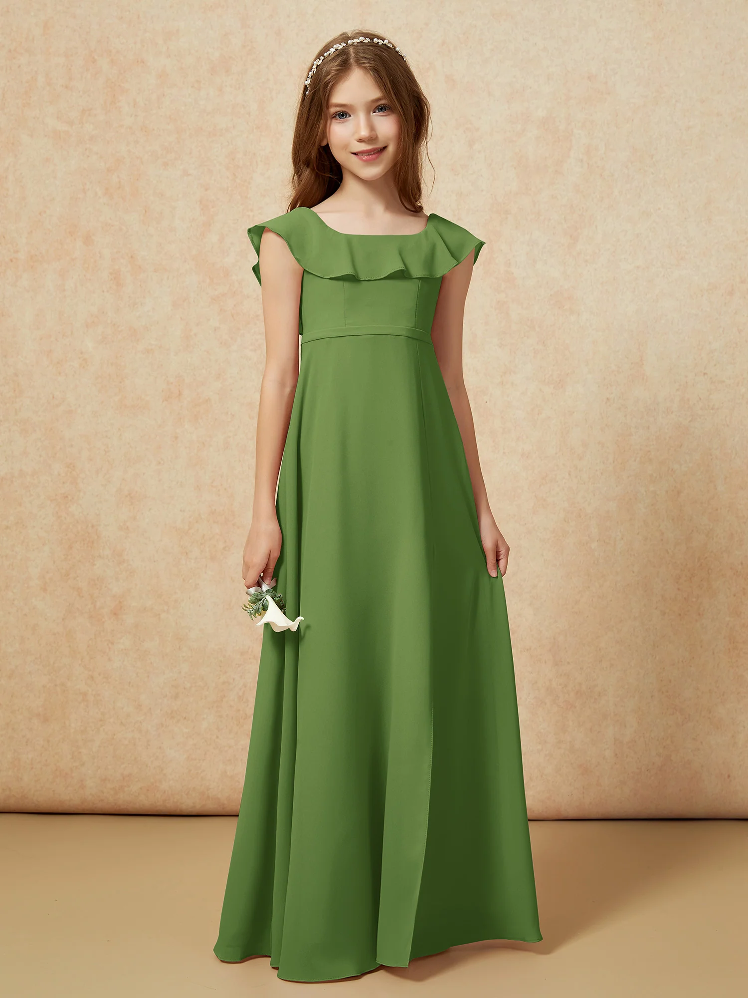 Square Neck Chiffon Junior Bridesmaid Dress With Slit Moss - Image 5