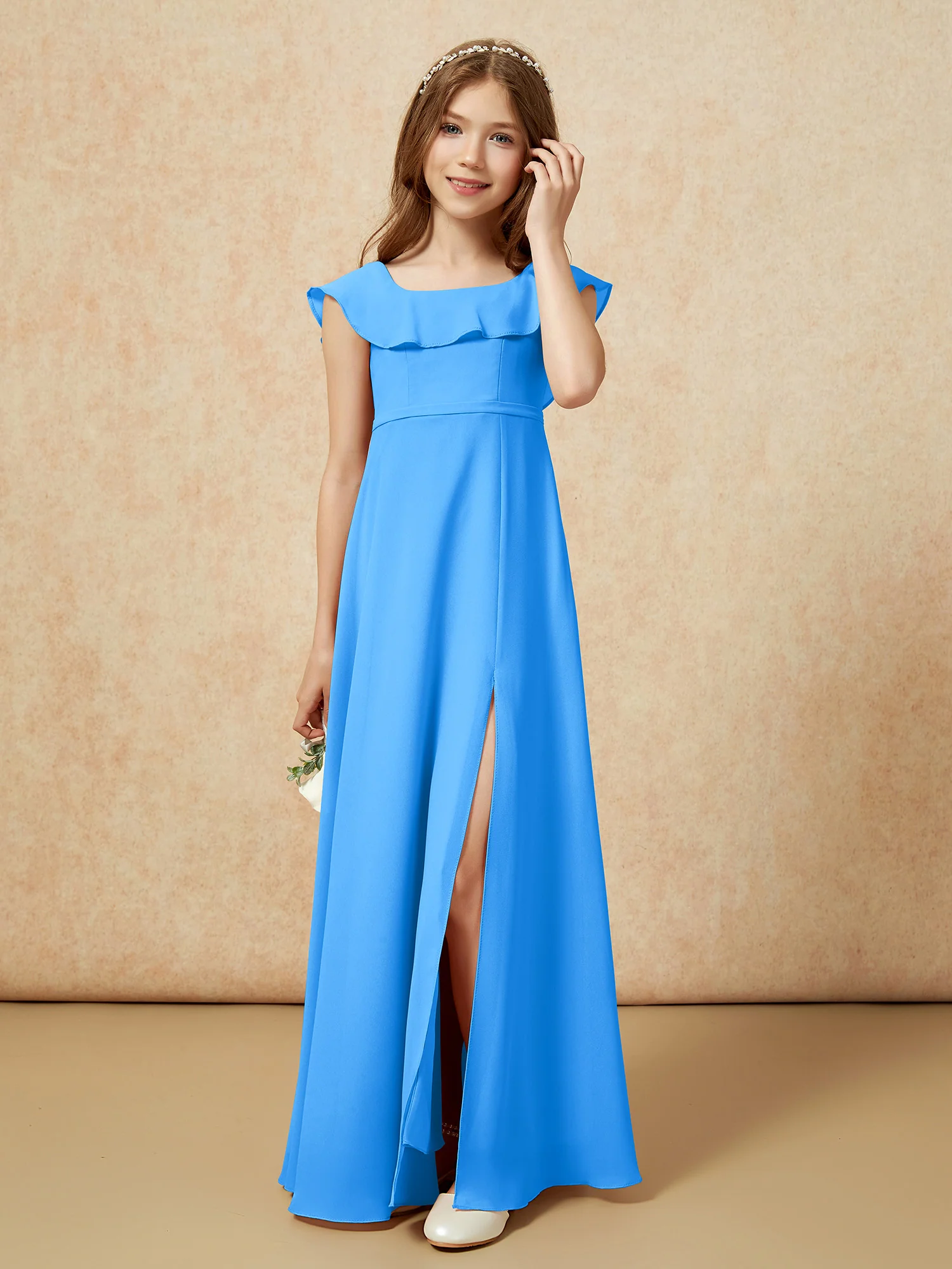 Square Neck Chiffon Junior Bridesmaid Dress With Slit Ocean Blue