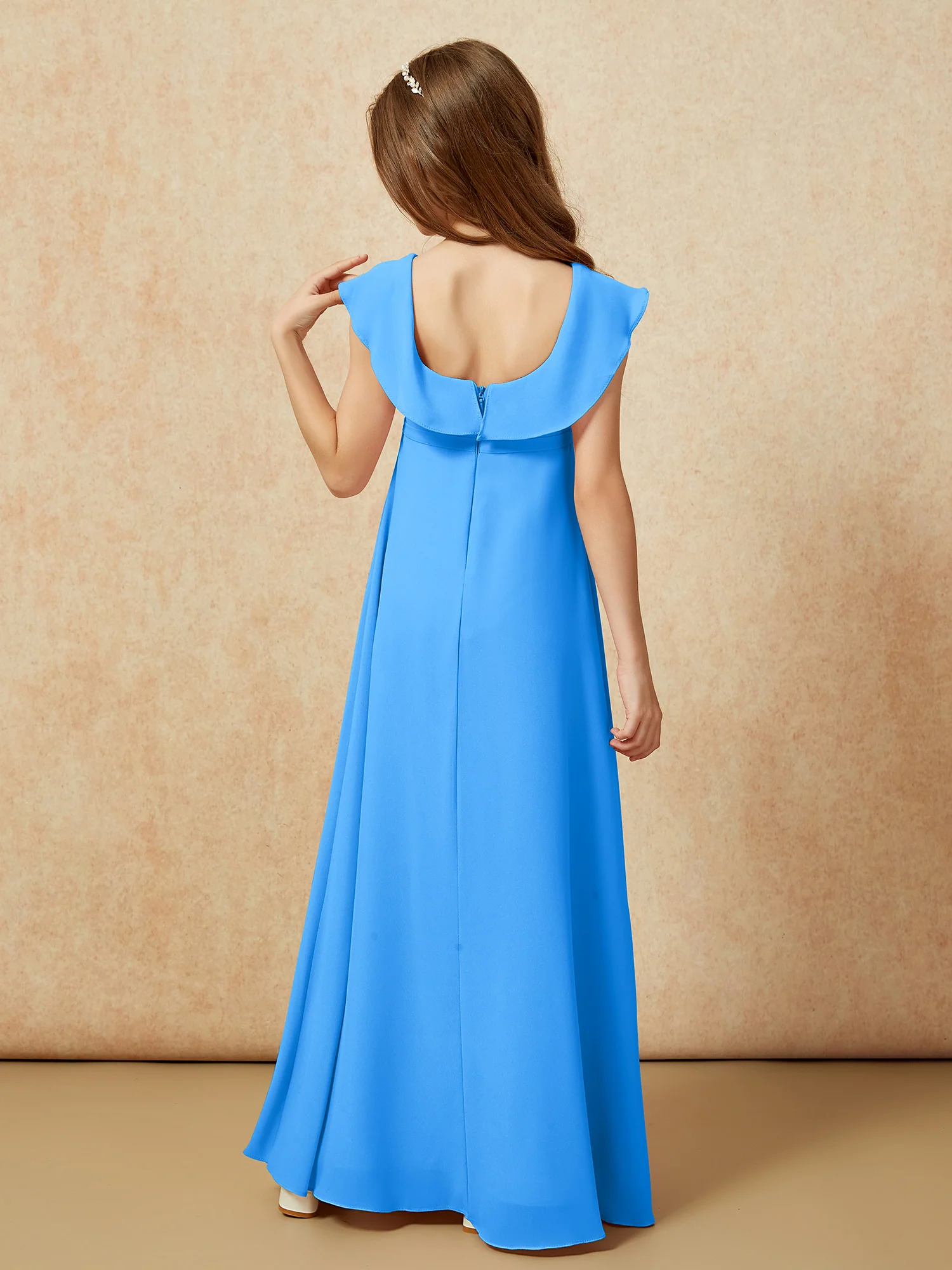 Square Neck Chiffon Junior Bridesmaid Dress With Slit Ocean Blue - Image 2
