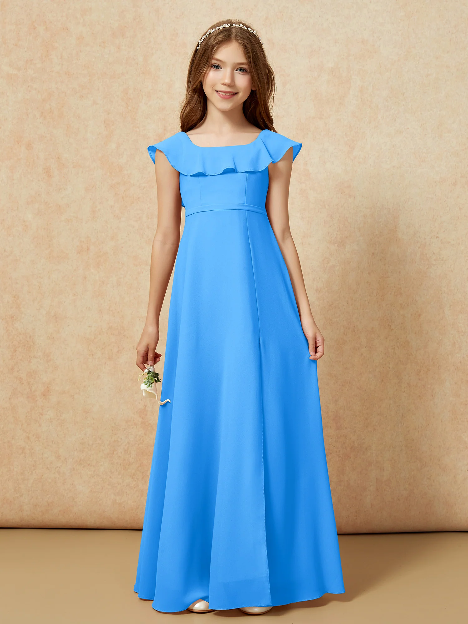 Square Neck Chiffon Junior Bridesmaid Dress With Slit Ocean Blue - Image 4