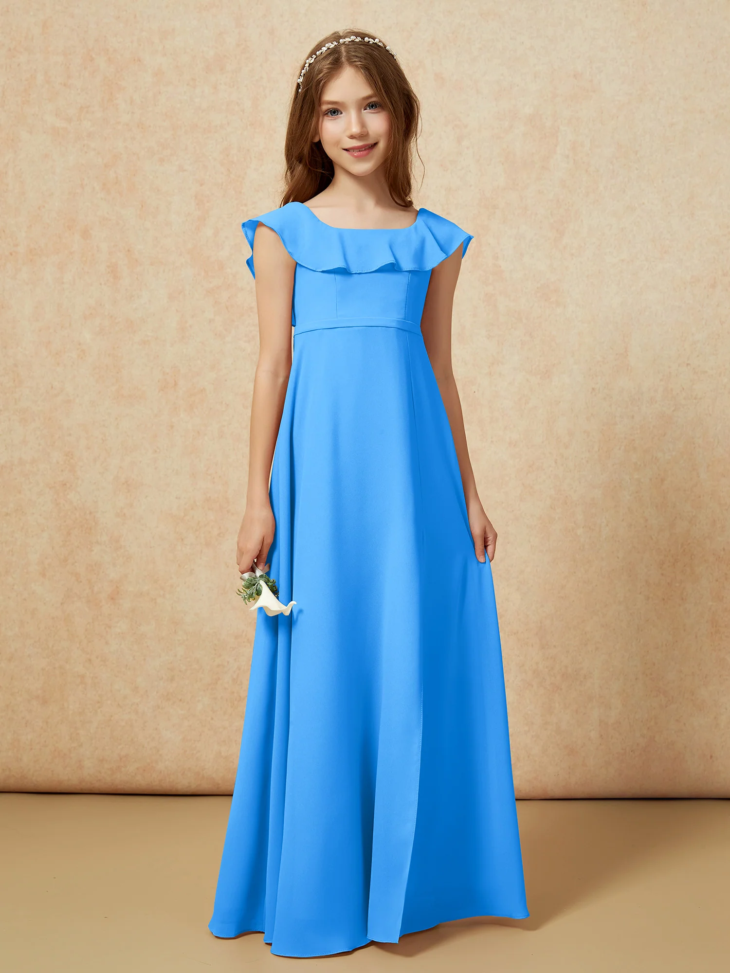 Square Neck Chiffon Junior Bridesmaid Dress With Slit Ocean Blue - Image 5