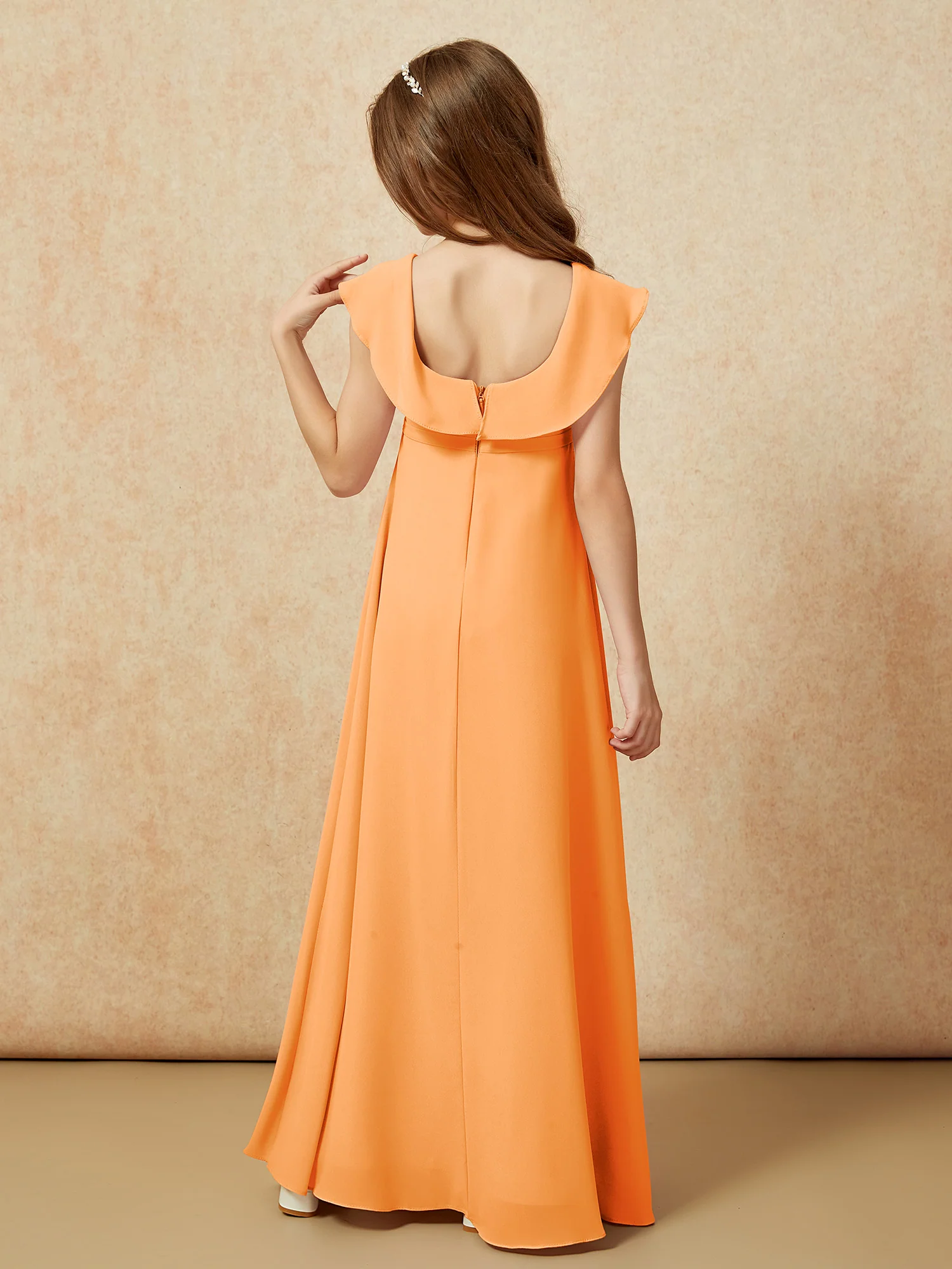 Square Neck Chiffon Junior Bridesmaid Dress With Slit Orange - Image 2