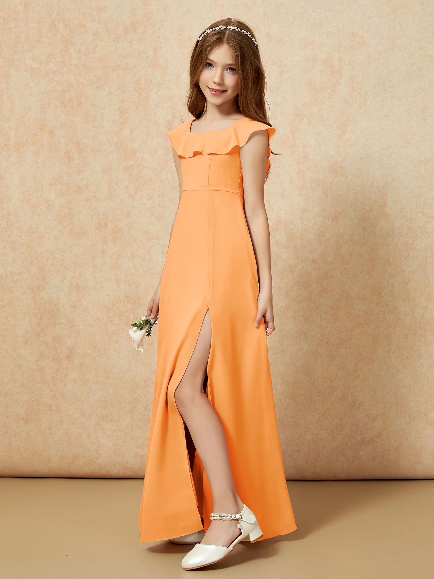 Square Neck Chiffon Junior Bridesmaid Dress With Slit Orange - Image 3