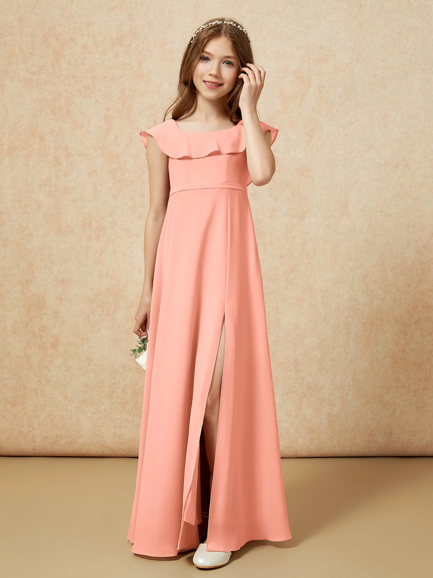 Square Neck Chiffon Junior Bridesmaid Dress With Slit Papaya