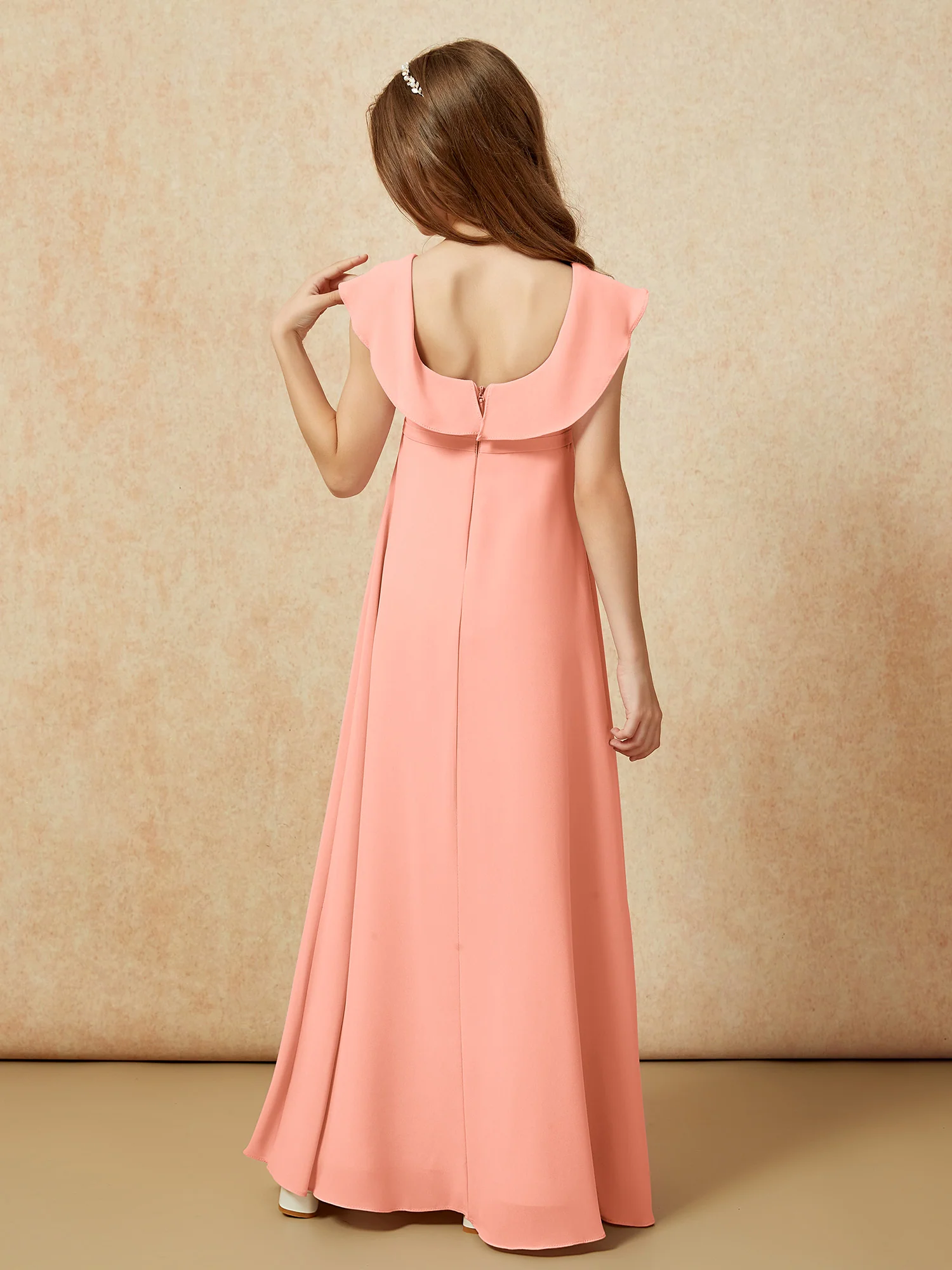 Square Neck Chiffon Junior Bridesmaid Dress With Slit Papaya - Image 2
