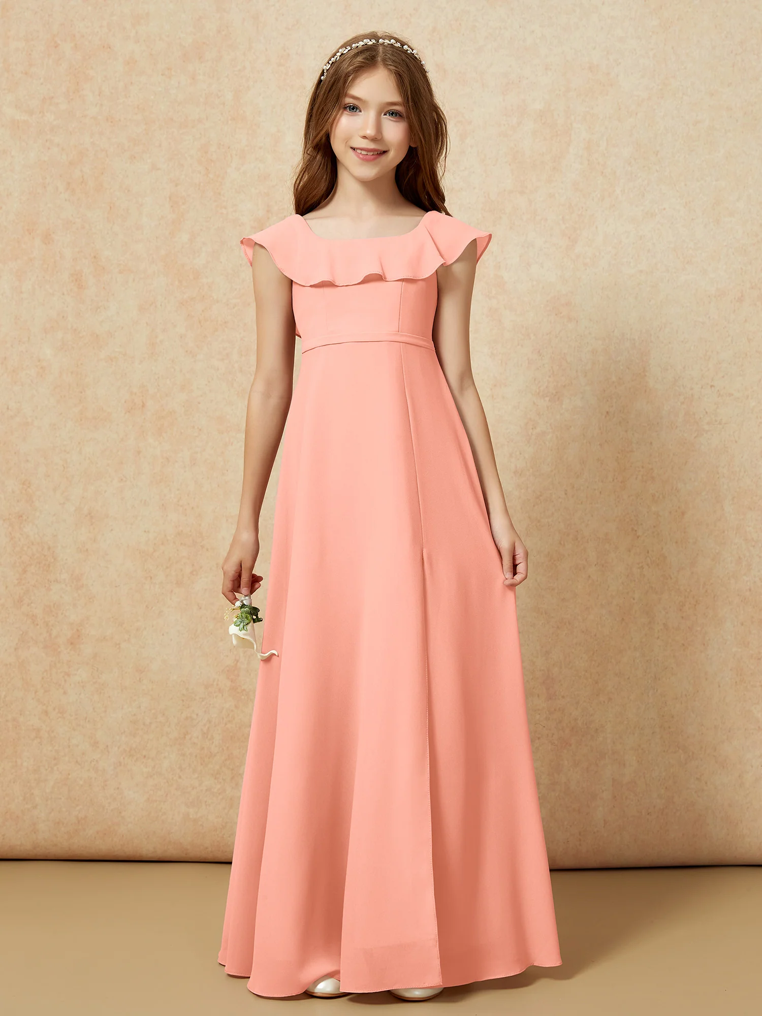 Square Neck Chiffon Junior Bridesmaid Dress With Slit Papaya - Image 4