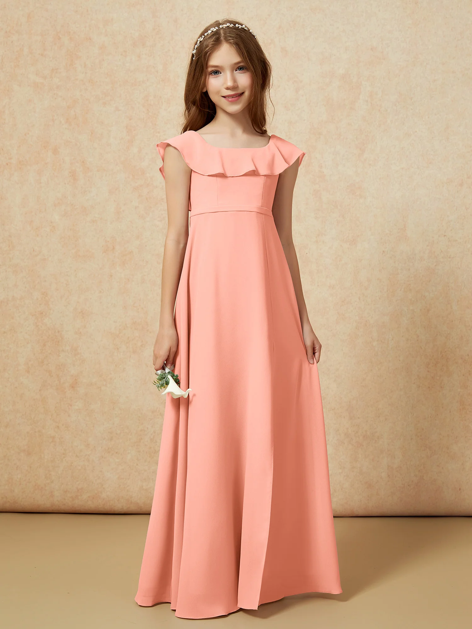 Square Neck Chiffon Junior Bridesmaid Dress With Slit Papaya - Image 5