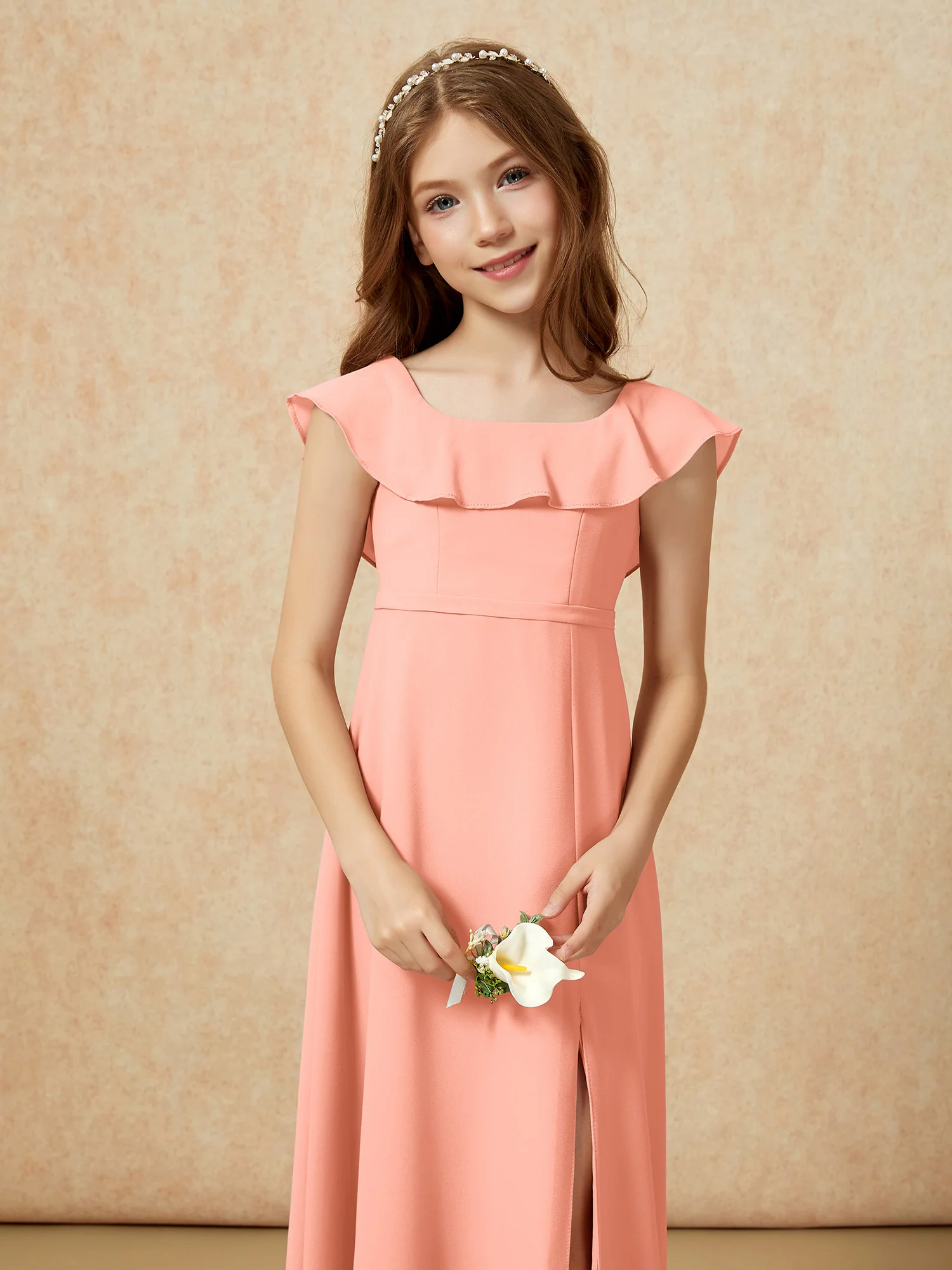 Square Neck Chiffon Junior Bridesmaid Dress With Slit Papaya - Image 6