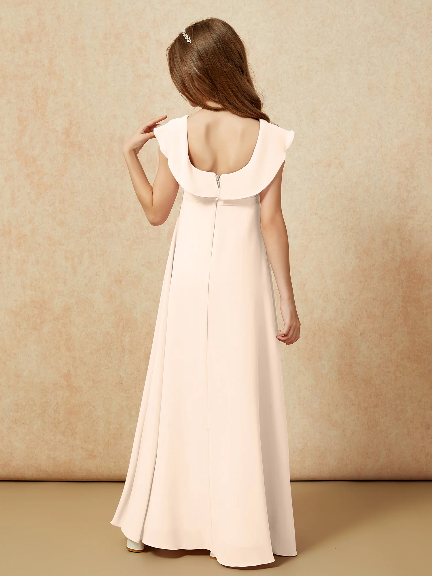 Square Neck Chiffon Junior Bridesmaid Dress With Slit Peach - Image 2