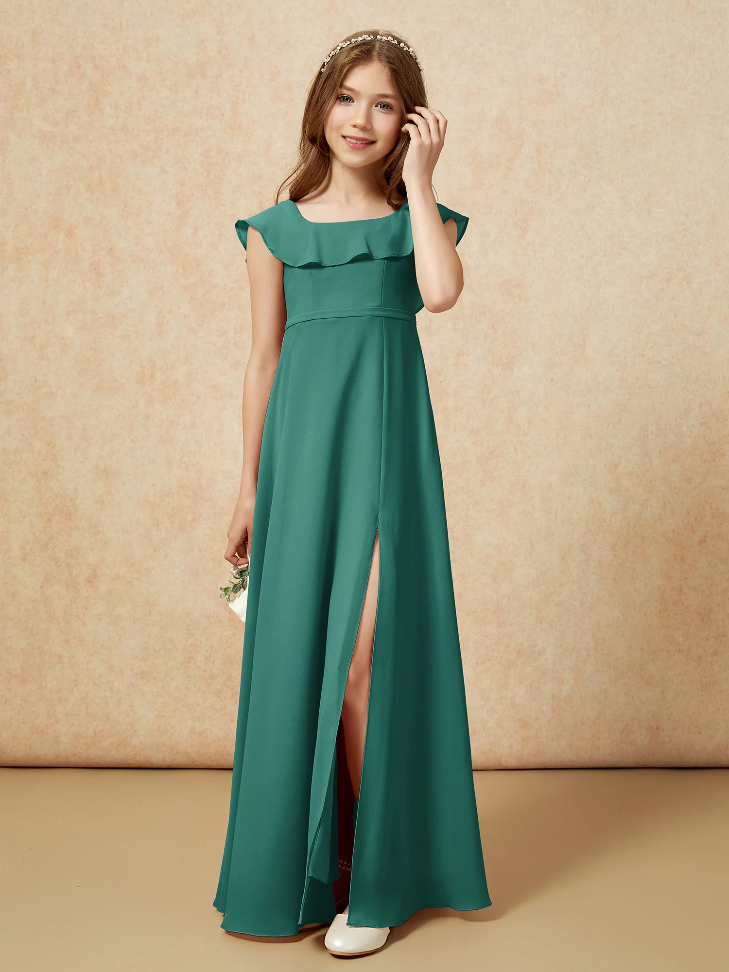 Square Neck Chiffon Junior Bridesmaid Dress With Slit Peacock
