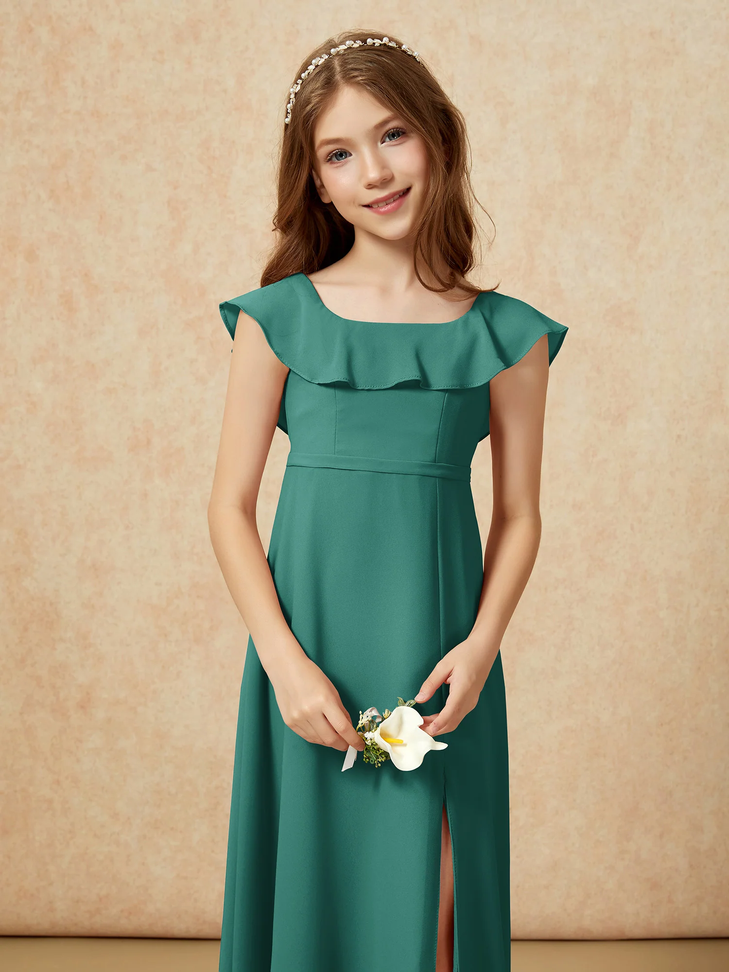 Square Neck Chiffon Junior Bridesmaid Dress With Slit Peacock - Image 6