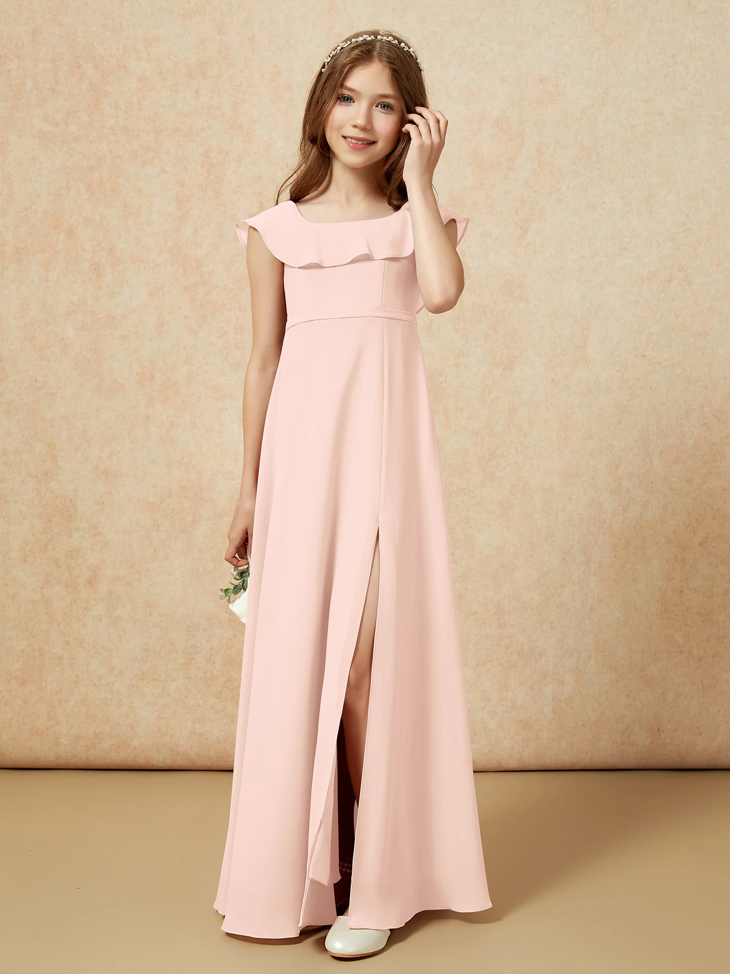 Square Neck Chiffon Junior Bridesmaid Dress With Slit Pearl Pink