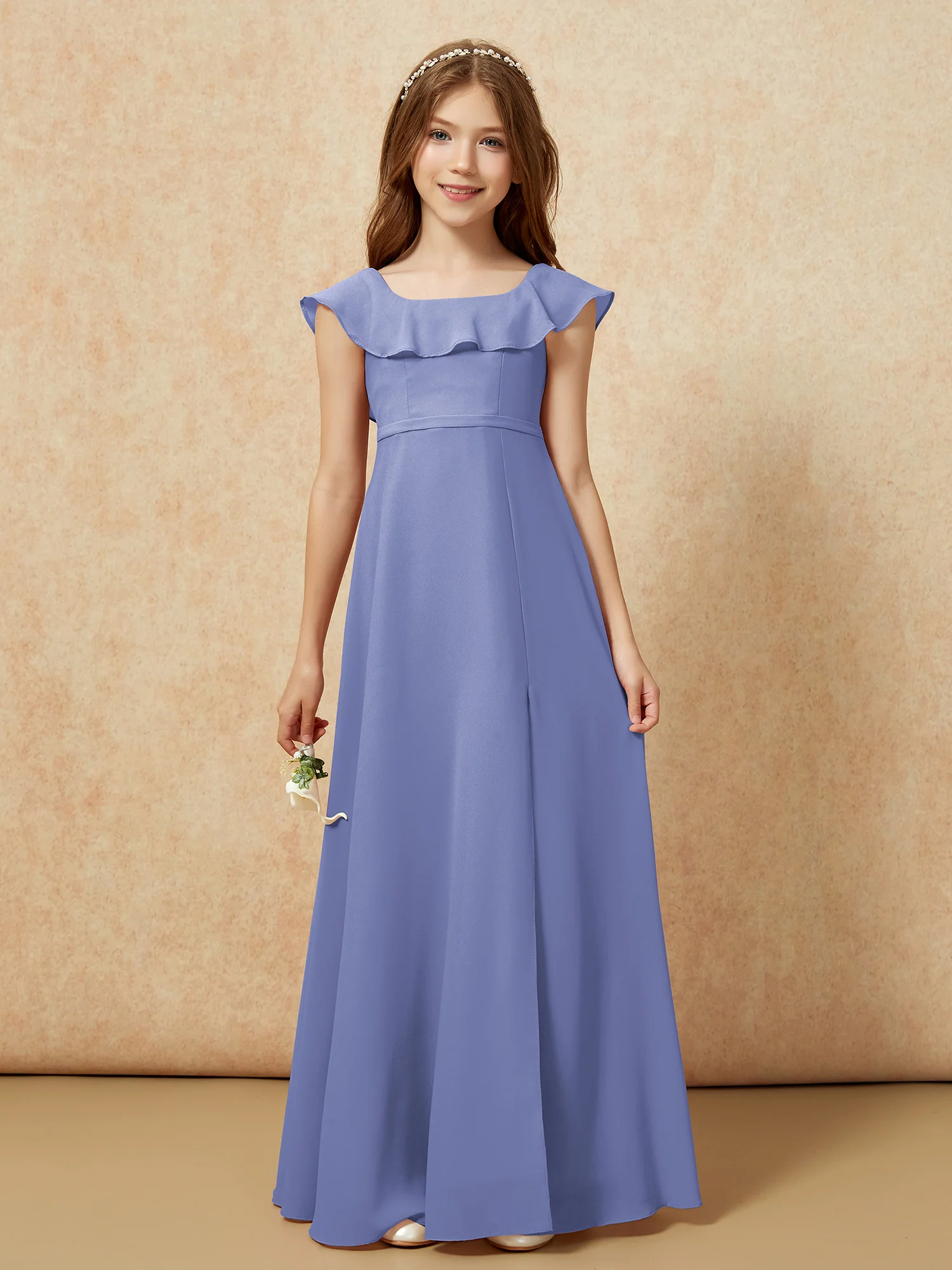 Square Neck Chiffon Junior Bridesmaid Dress With Slit Periwinkle - Image 4