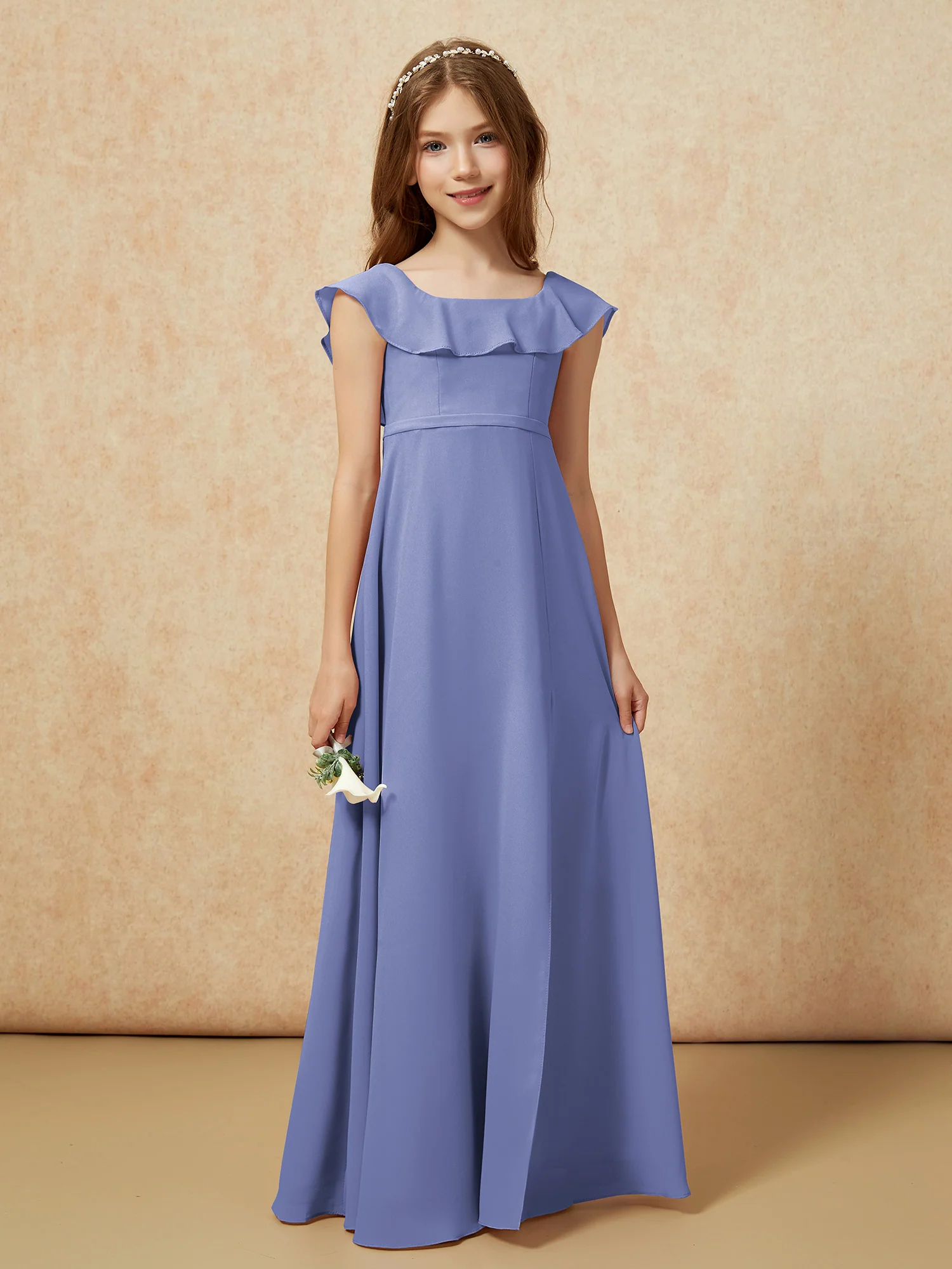 Square Neck Chiffon Junior Bridesmaid Dress With Slit Periwinkle - Image 5