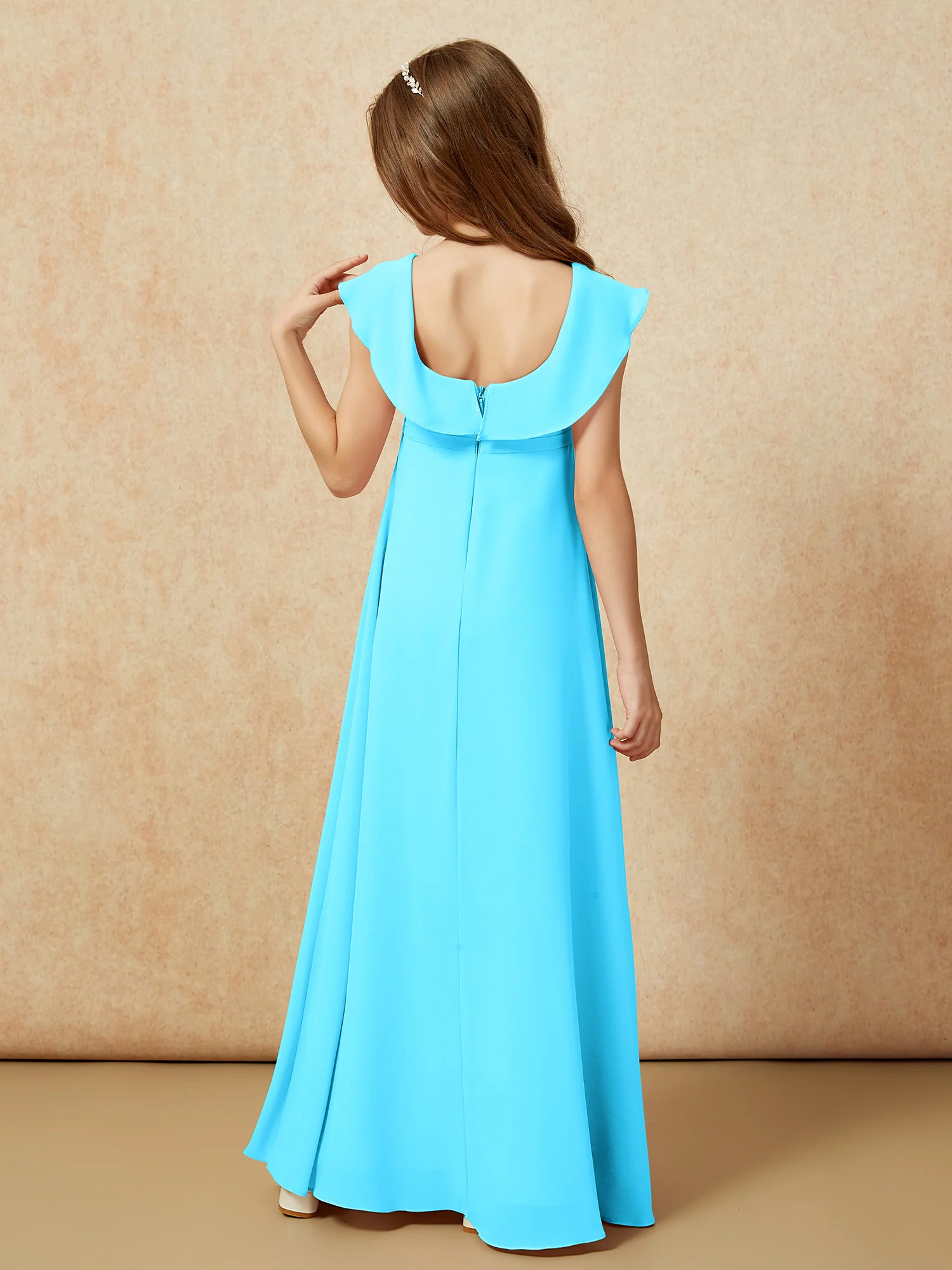 Square Neck Chiffon Junior Bridesmaid Dress With Slit Pool - Image 2