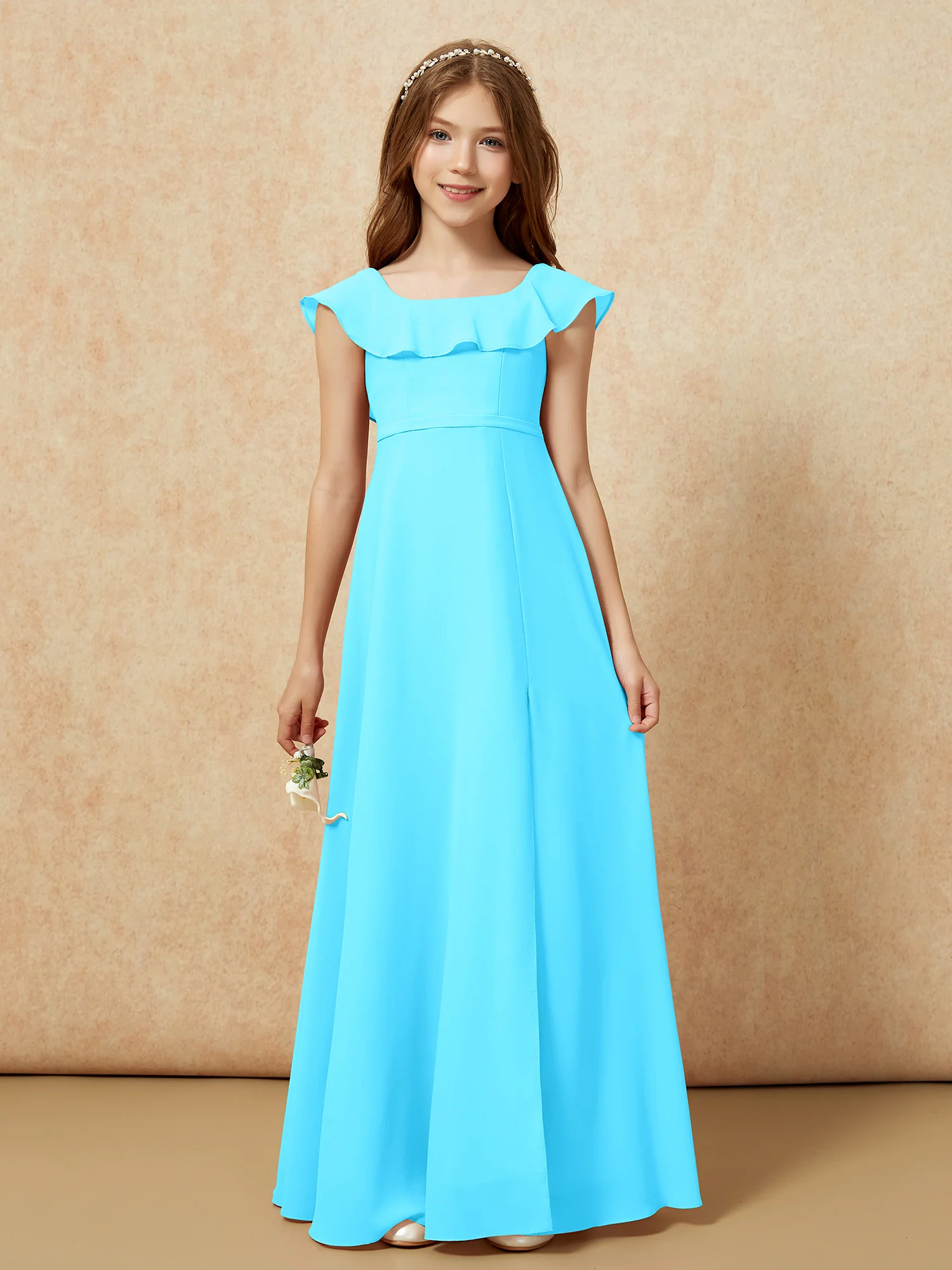 Square Neck Chiffon Junior Bridesmaid Dress With Slit Pool - Image 4