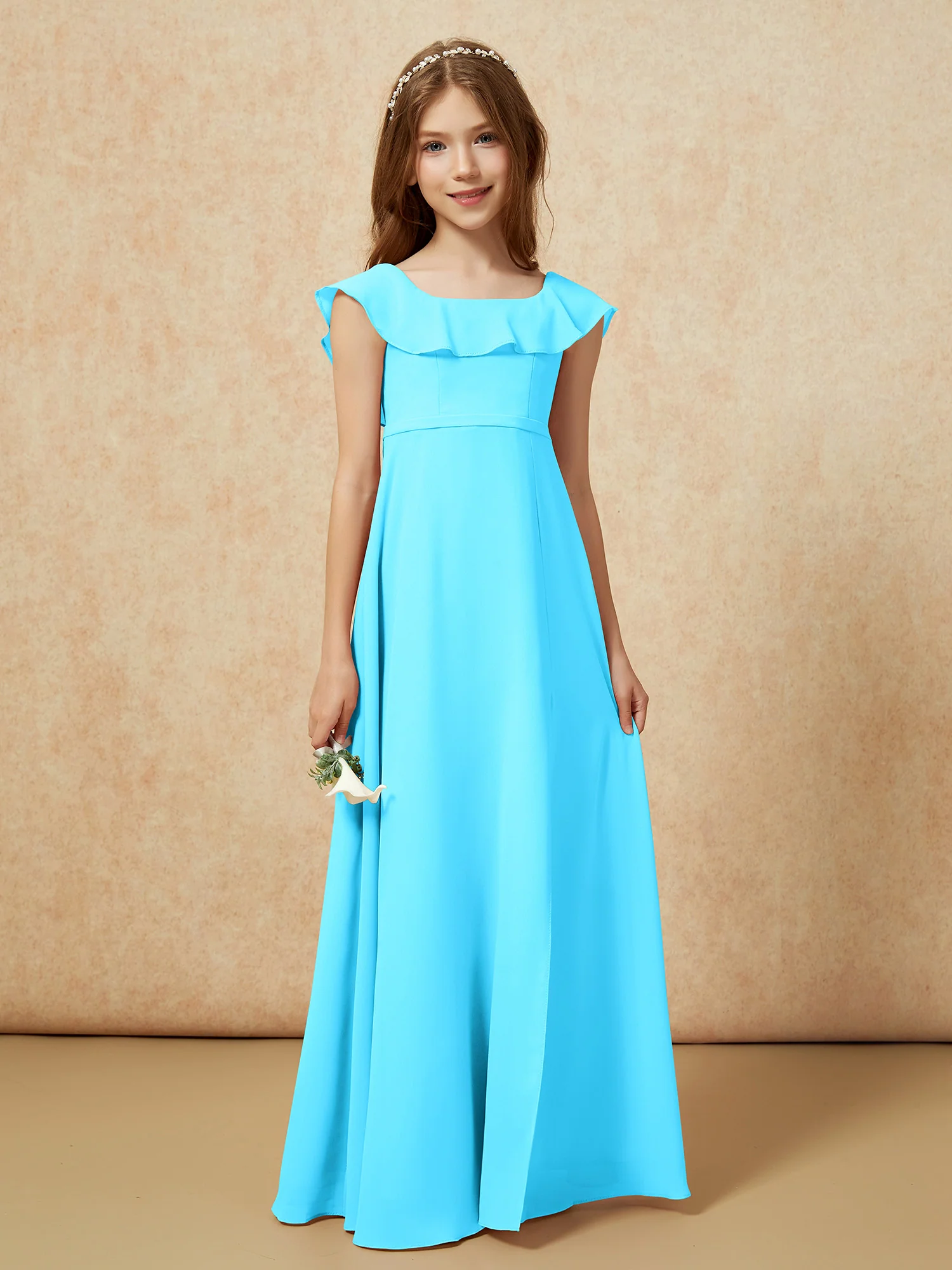 Square Neck Chiffon Junior Bridesmaid Dress With Slit Pool - Image 5