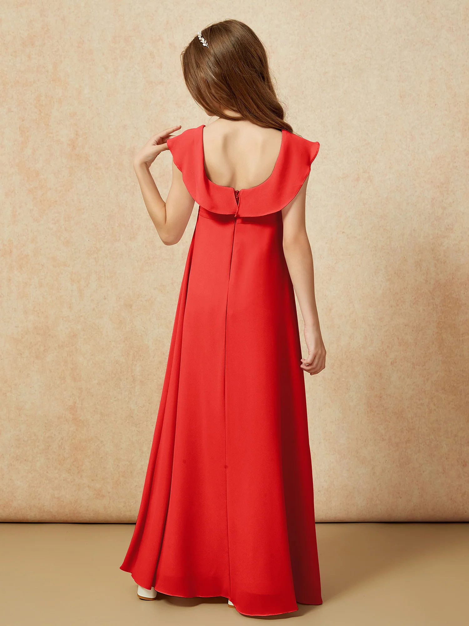 Square Neck Chiffon Junior Bridesmaid Dress With Slit Red - Image 2
