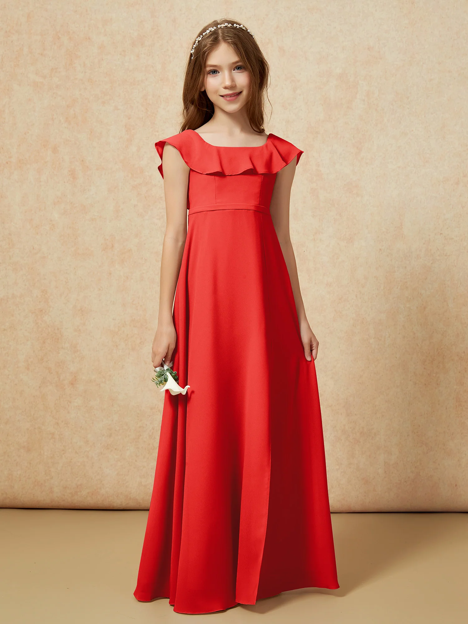 Square Neck Chiffon Junior Bridesmaid Dress With Slit Red - Image 5