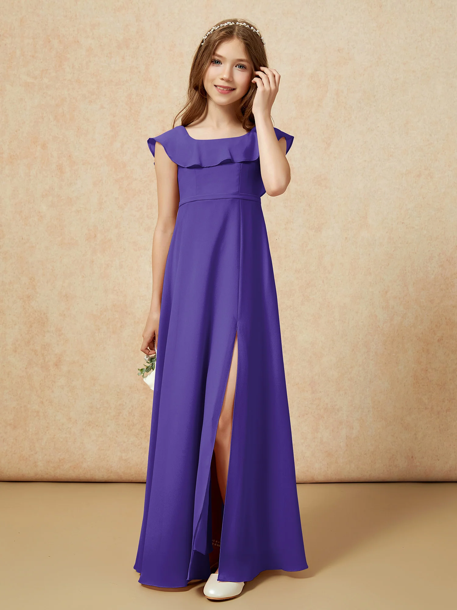 Square Neck Chiffon Junior Bridesmaid Dress With Slit Regency
