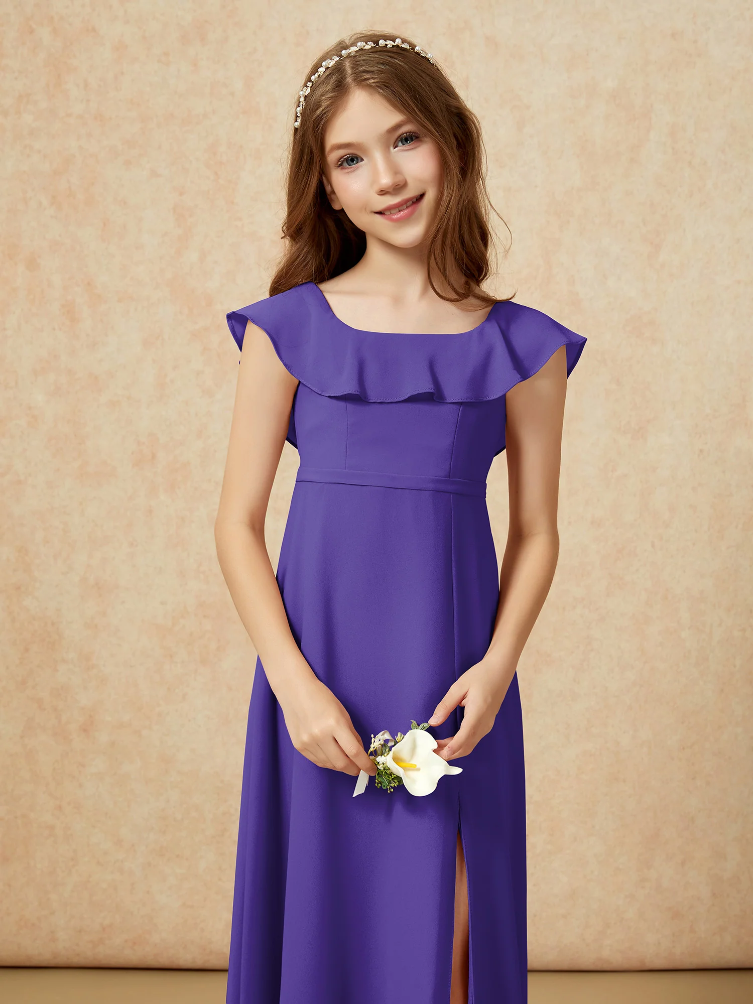 Square Neck Chiffon Junior Bridesmaid Dress With Slit Regency - Image 6