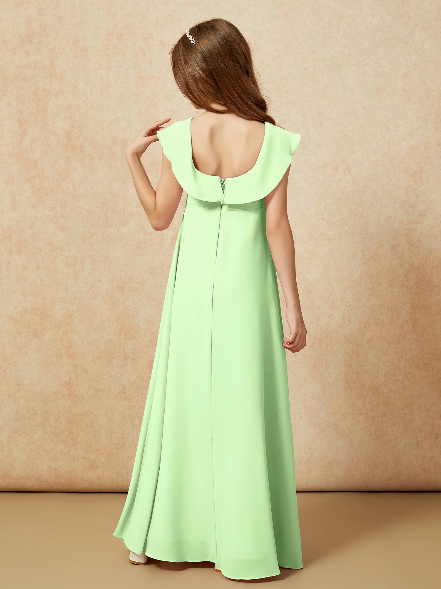 Square Neck Chiffon Junior Bridesmaid Dress With Slit Sage - Image 2
