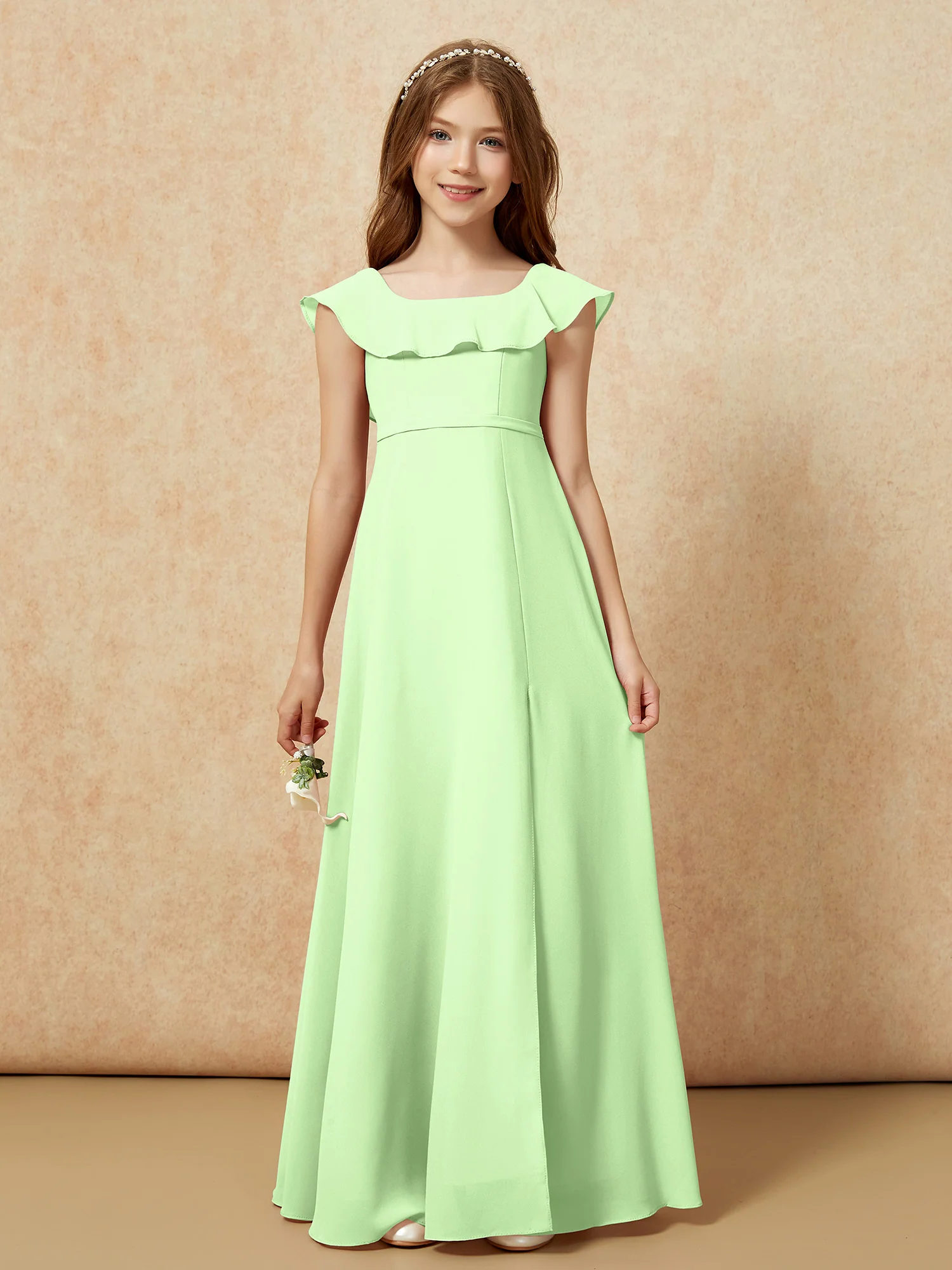 Square Neck Chiffon Junior Bridesmaid Dress With Slit Sage - Image 4