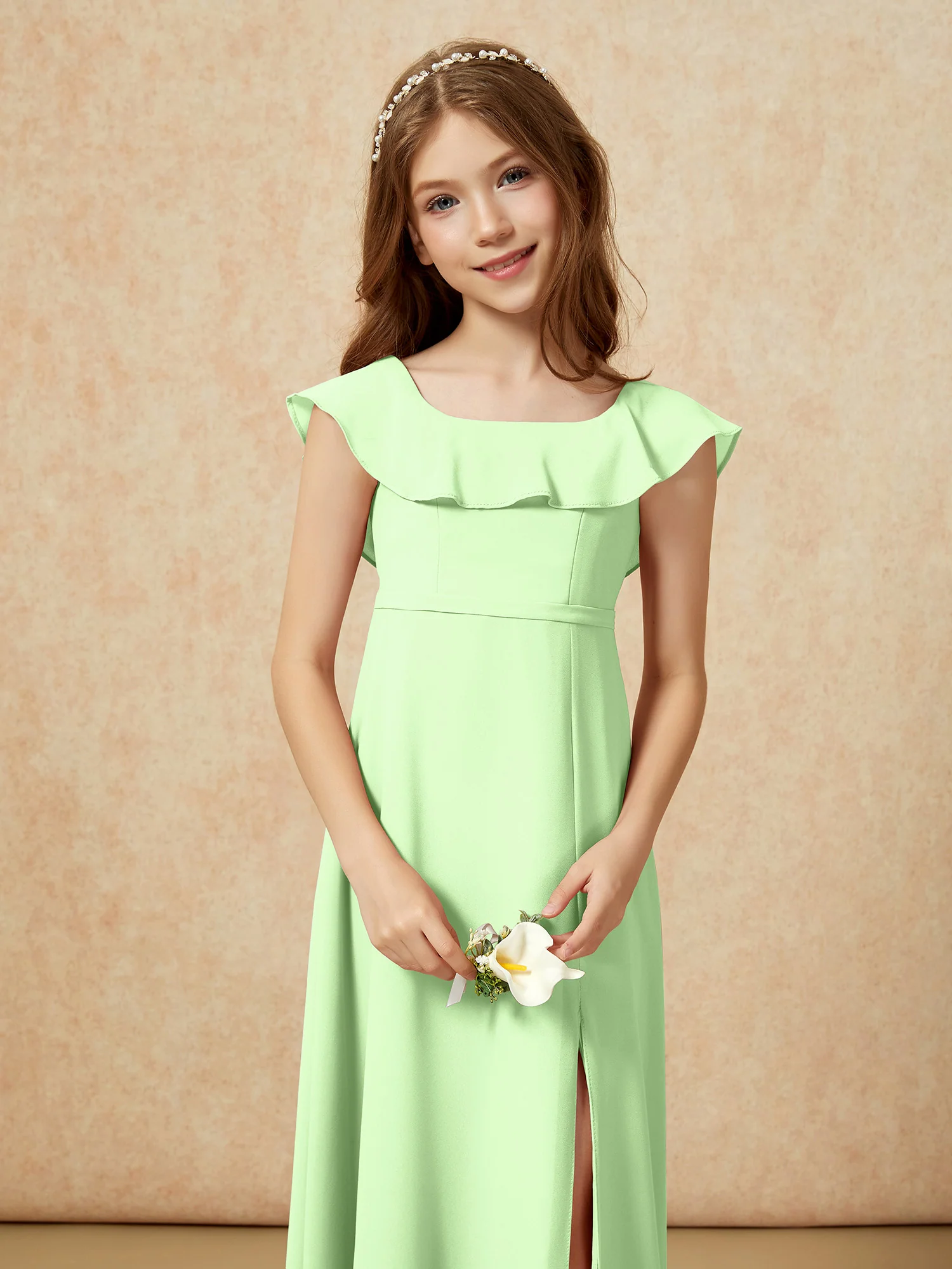 Square Neck Chiffon Junior Bridesmaid Dress With Slit Sage - Image 6