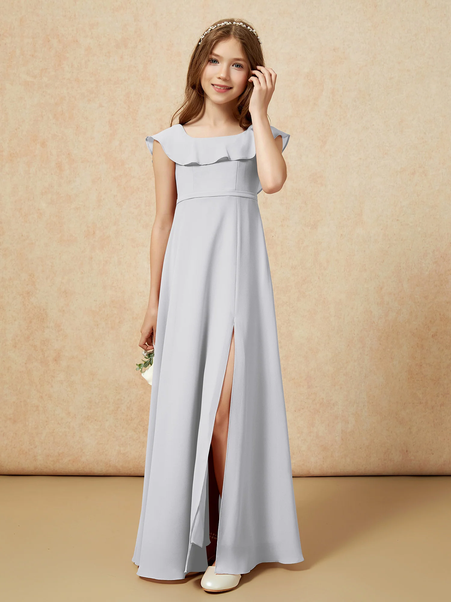 Square Neck Chiffon Junior Bridesmaid Dress With Slit Silver