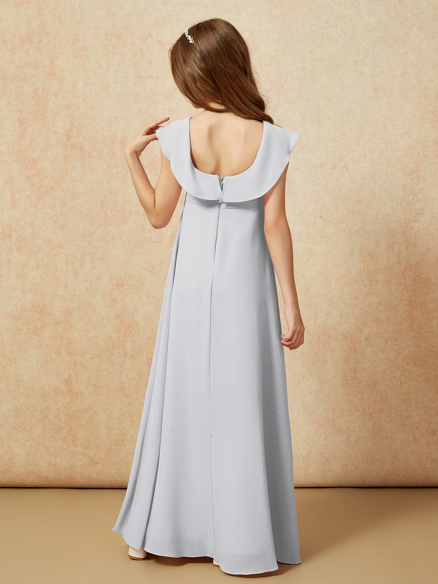 Square Neck Chiffon Junior Bridesmaid Dress With Slit Silver - Image 2