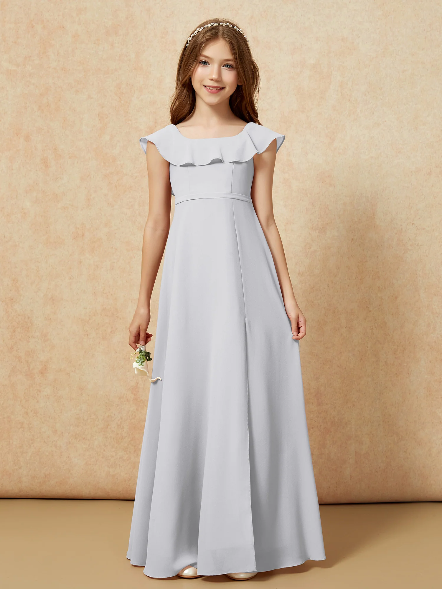 Square Neck Chiffon Junior Bridesmaid Dress With Slit Silver - Image 4