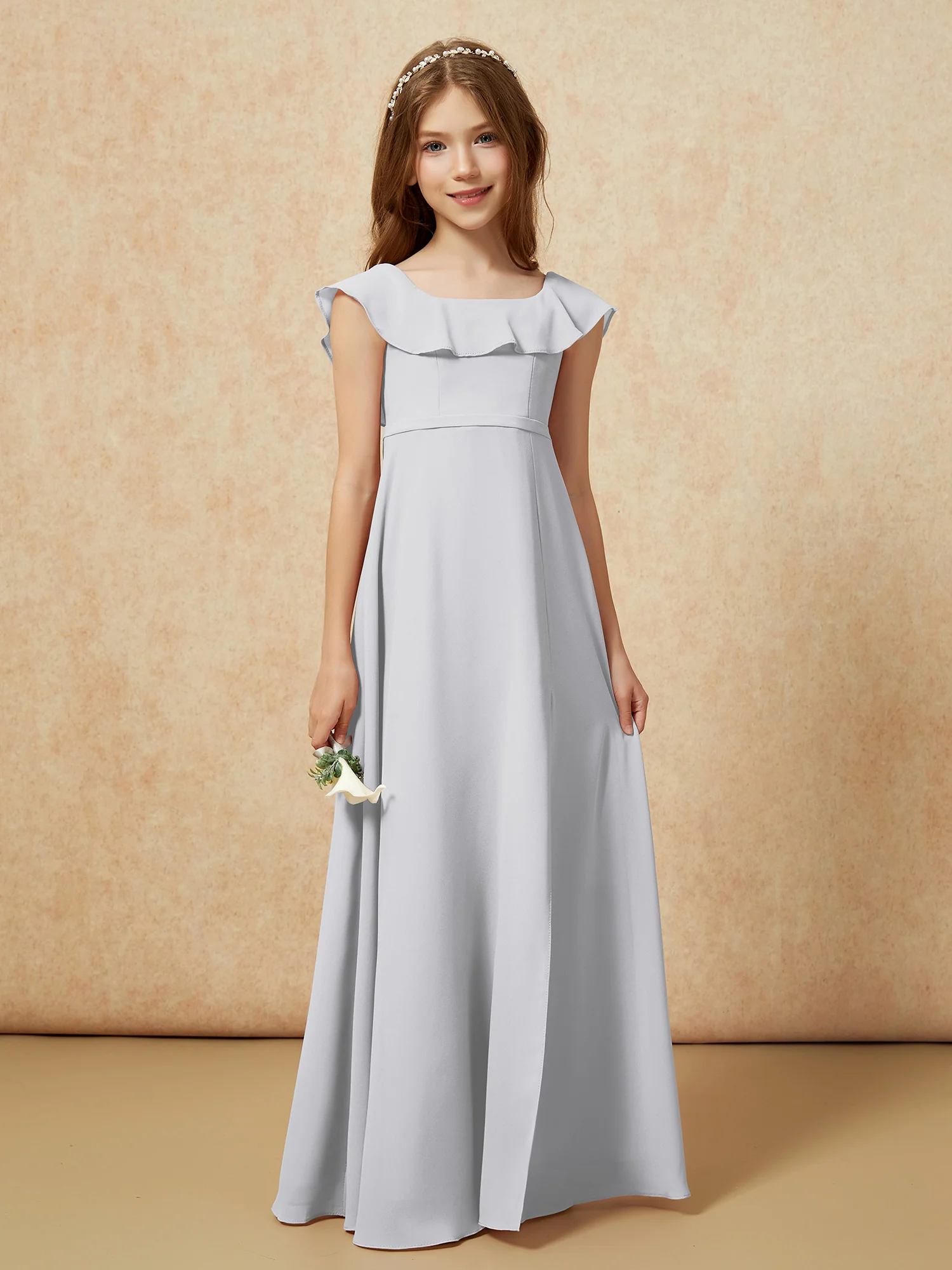 Square Neck Chiffon Junior Bridesmaid Dress With Slit Silver - Image 5