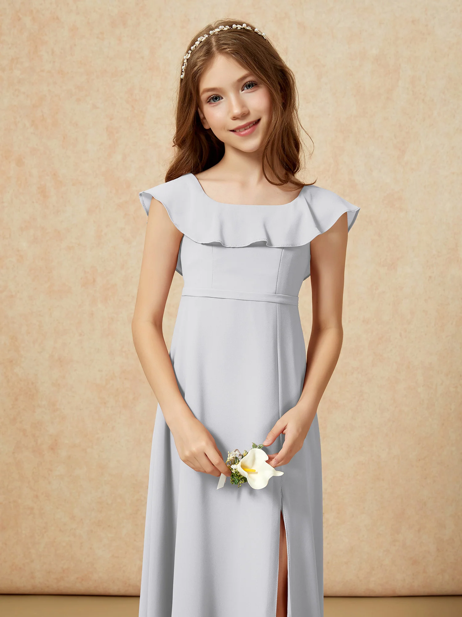 Square Neck Chiffon Junior Bridesmaid Dress With Slit Silver - Image 6