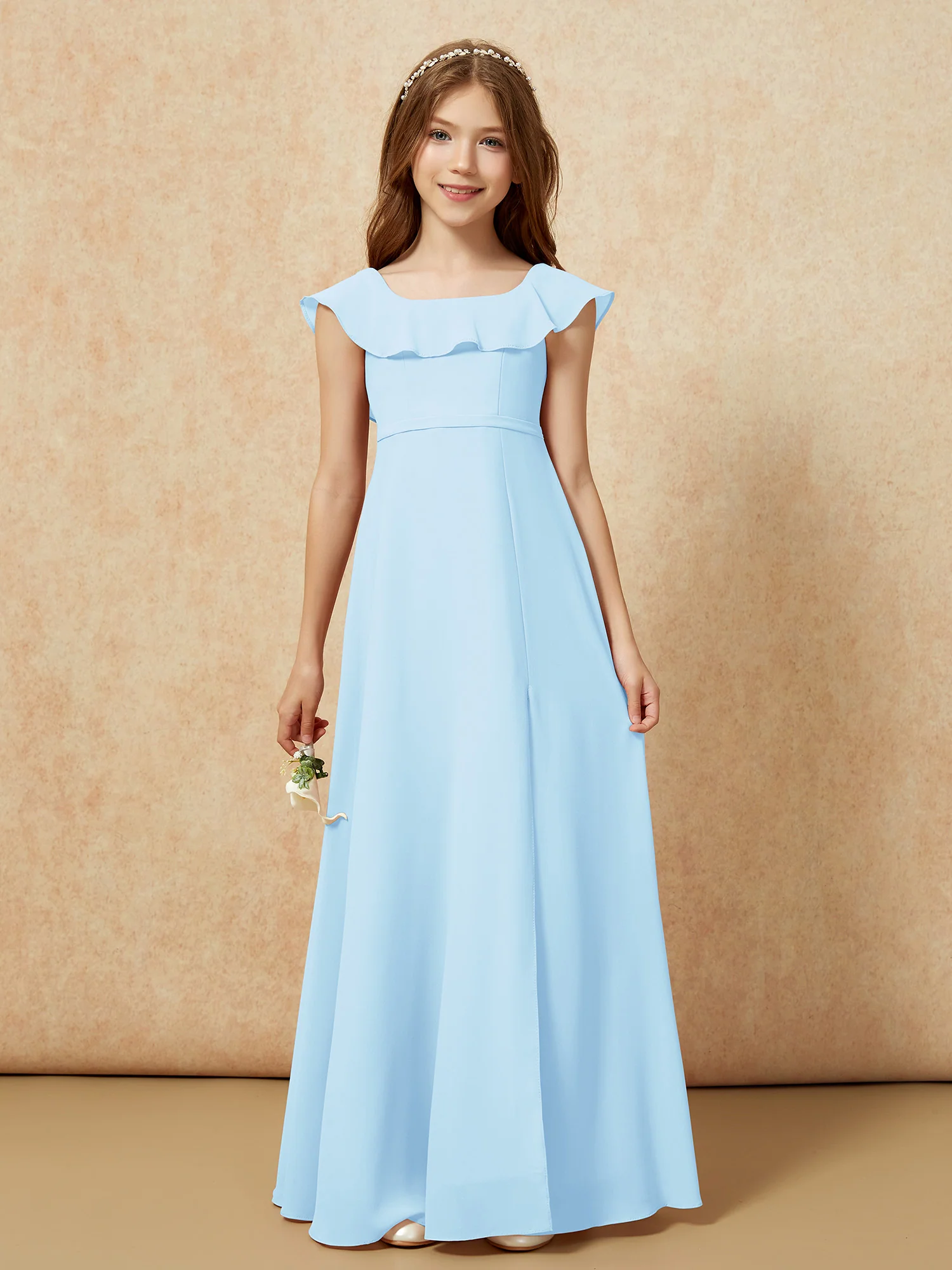 Square Neck Chiffon Junior Bridesmaid Dress With Slit Sky Blue - Image 4