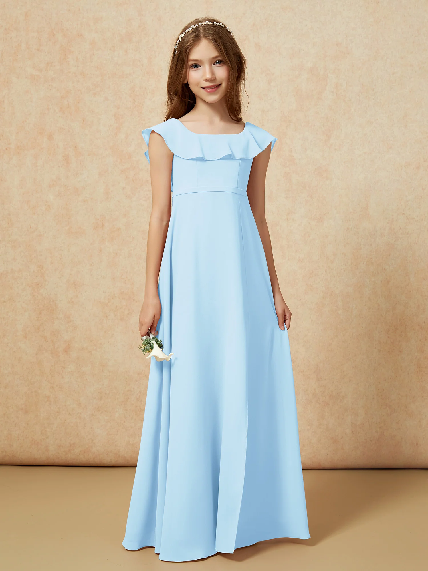 Square Neck Chiffon Junior Bridesmaid Dress With Slit Sky Blue - Image 5