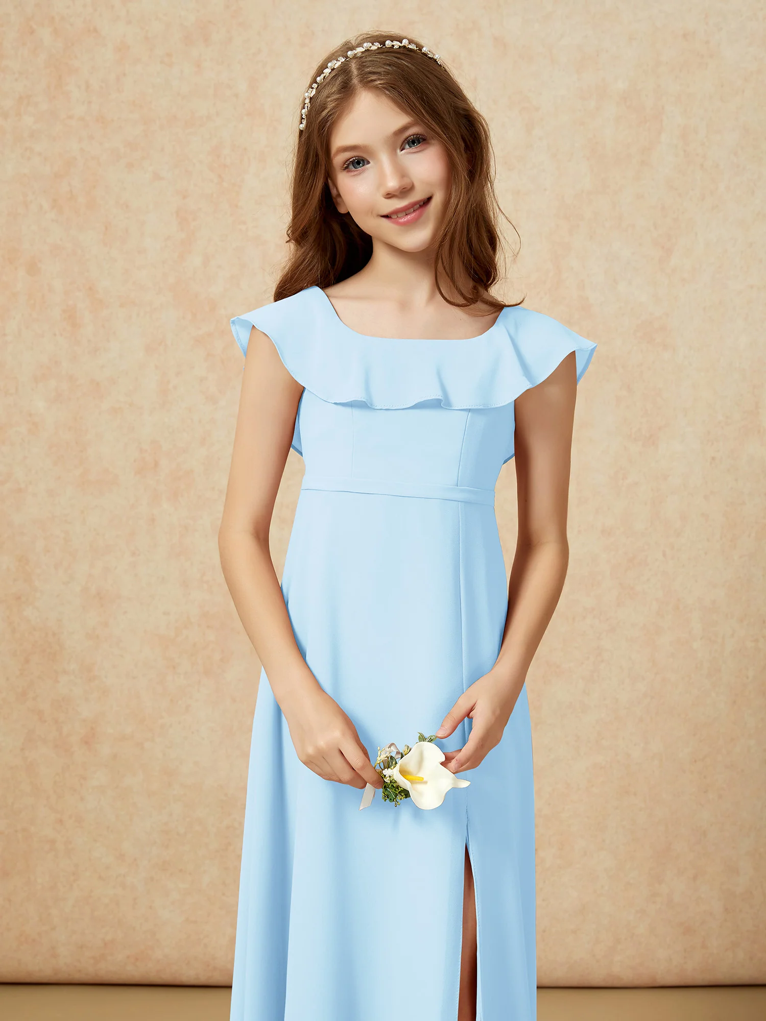 Square Neck Chiffon Junior Bridesmaid Dress With Slit Sky Blue - Image 6