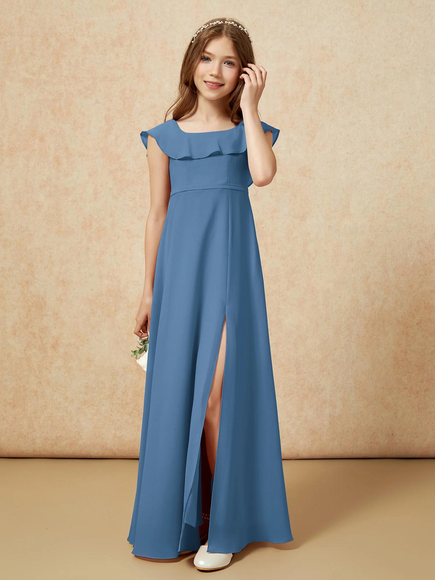 Square Neck Chiffon Junior Bridesmaid Dress With Slit Slate Blue